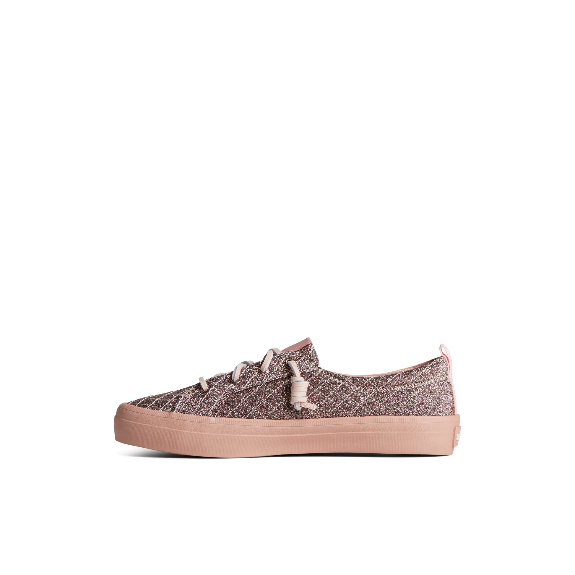 Side view of Medium Pink Crest Quilted Shimmer Sneaker