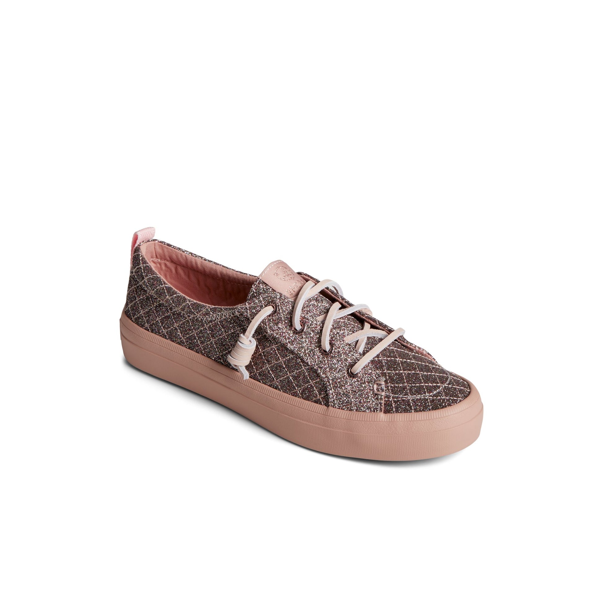 Three-quarter angle of Medium Pink Crest Quilted Shimmer Sneaker 's front side