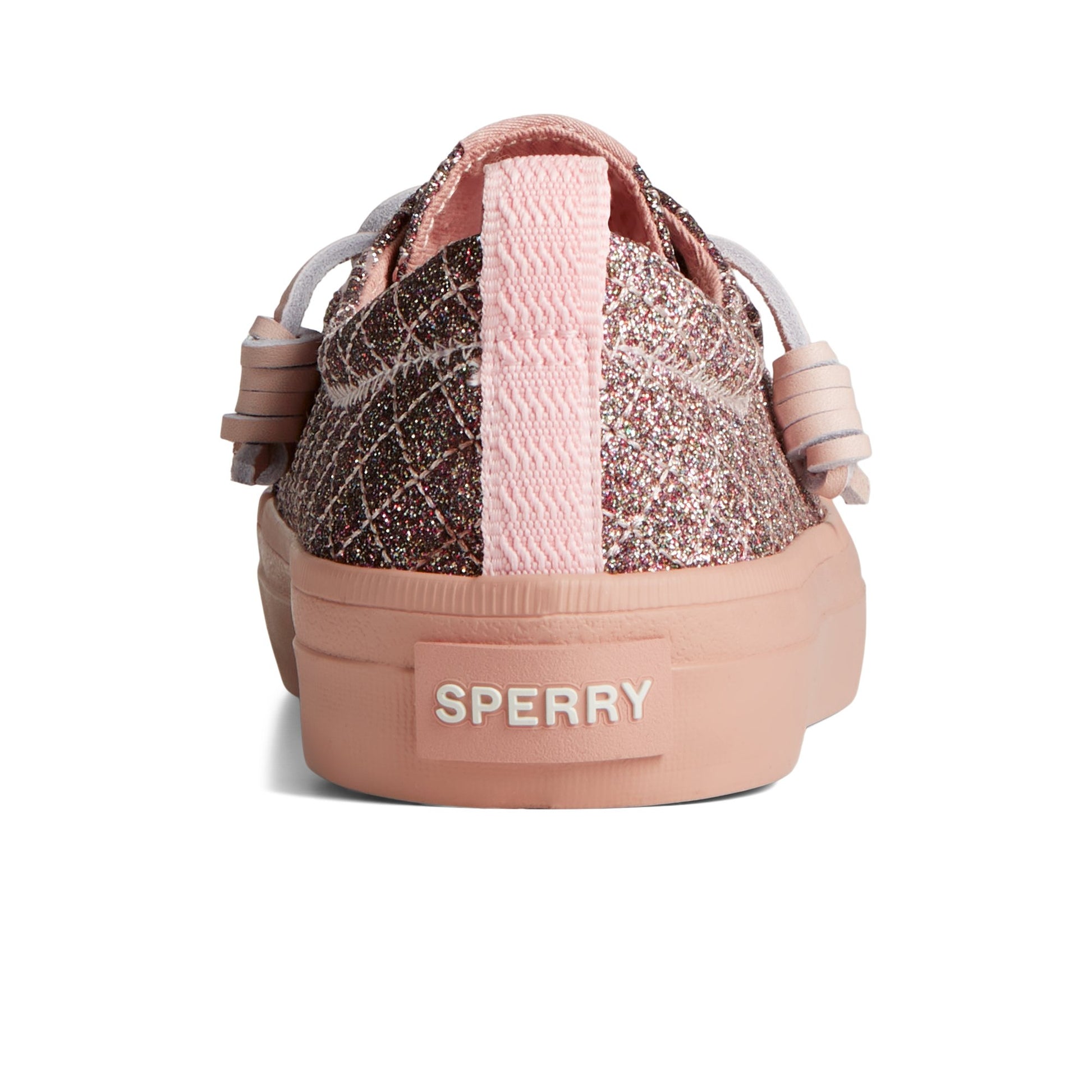 Close-up of the Medium Pink Crest Quilted Shimmer Sneaker