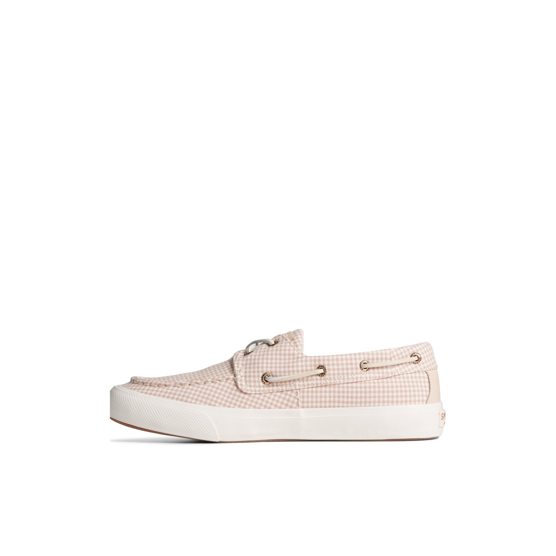 Side view of White SeaCycled™ Bahama II Gingham Sneaker Boat Shoe Sneaker