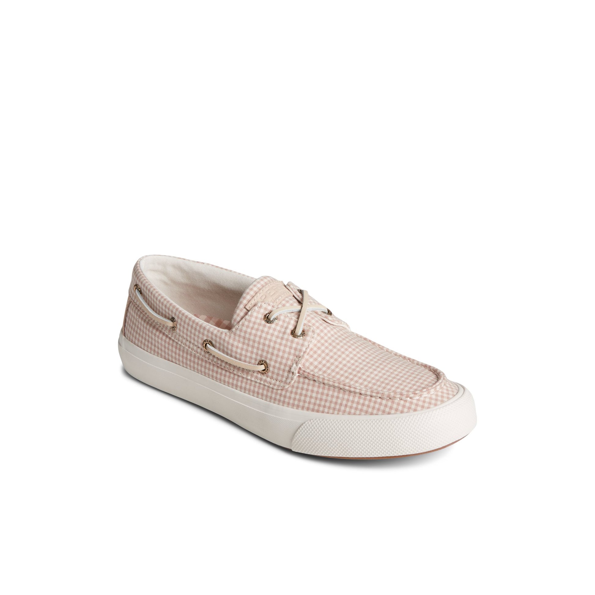 Three-quarter angle of White SeaCycled™ Bahama II Gingham Sneaker Boat Shoe Sneaker's front side