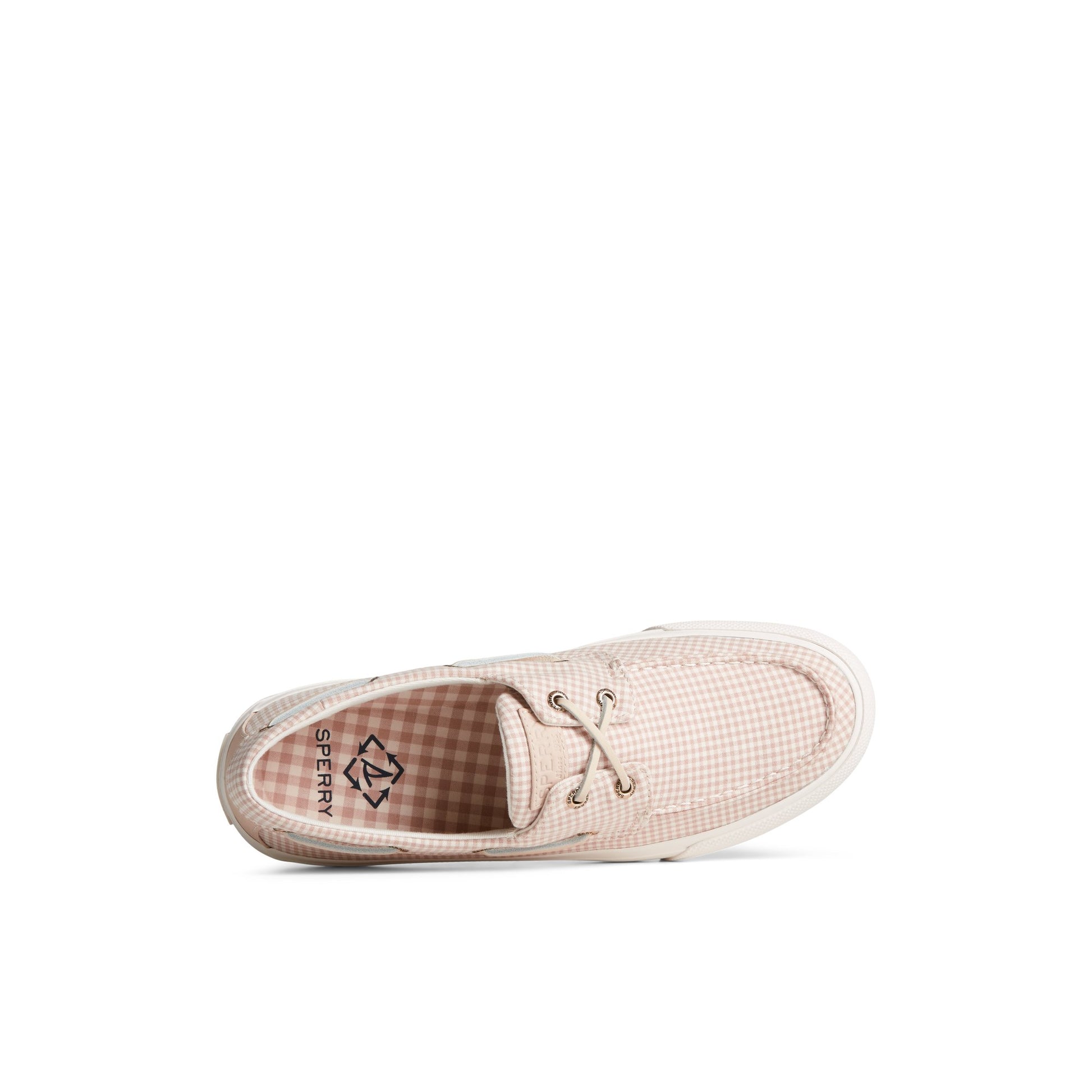 Top-down view of the White SeaCycled™ Bahama II Gingham Sneaker Boat Shoe Sneaker