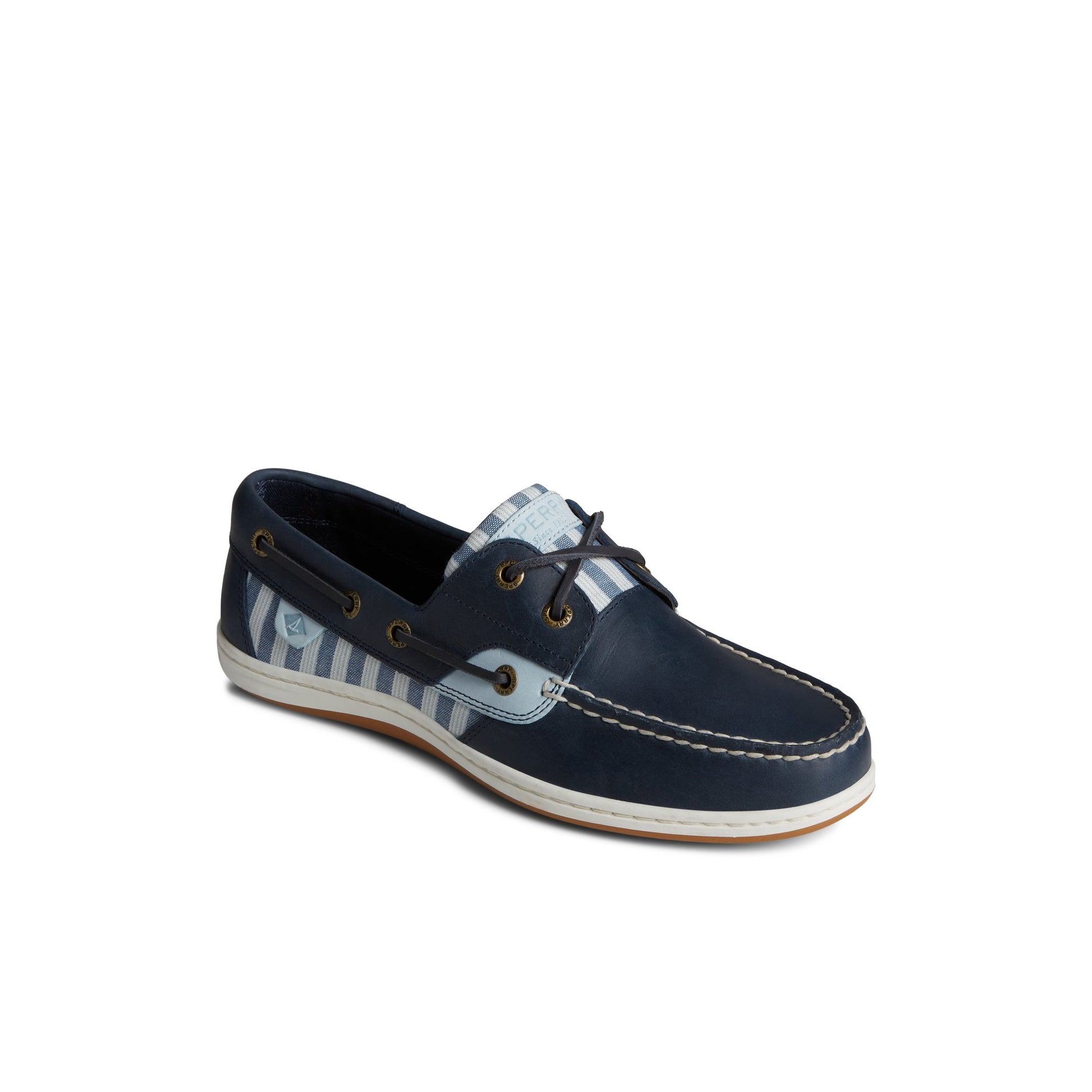 Three-quarter angle of Navy Koifish Stripe Boat Shoe Boat Shoes's front side