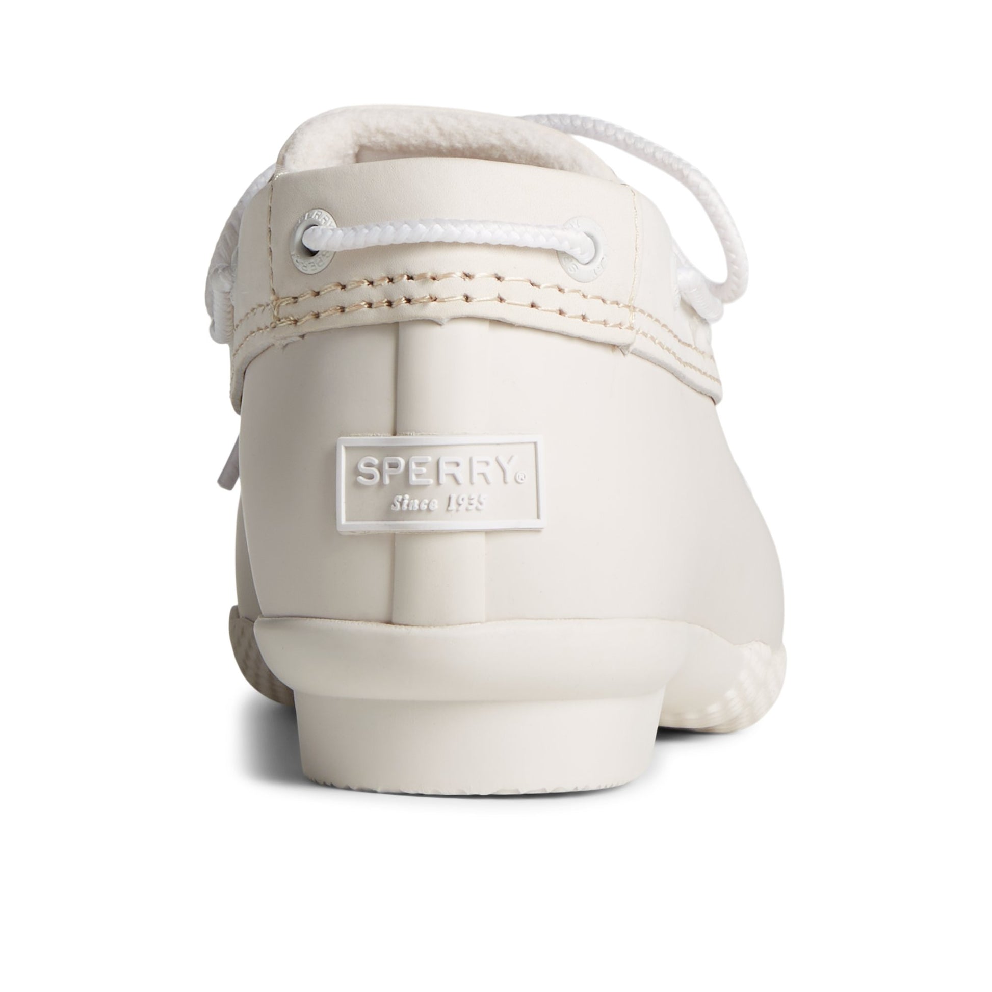 Close-up of the White Sperry x Malbon Saltwater™ 1-Eye Duck Boot Duck Boots