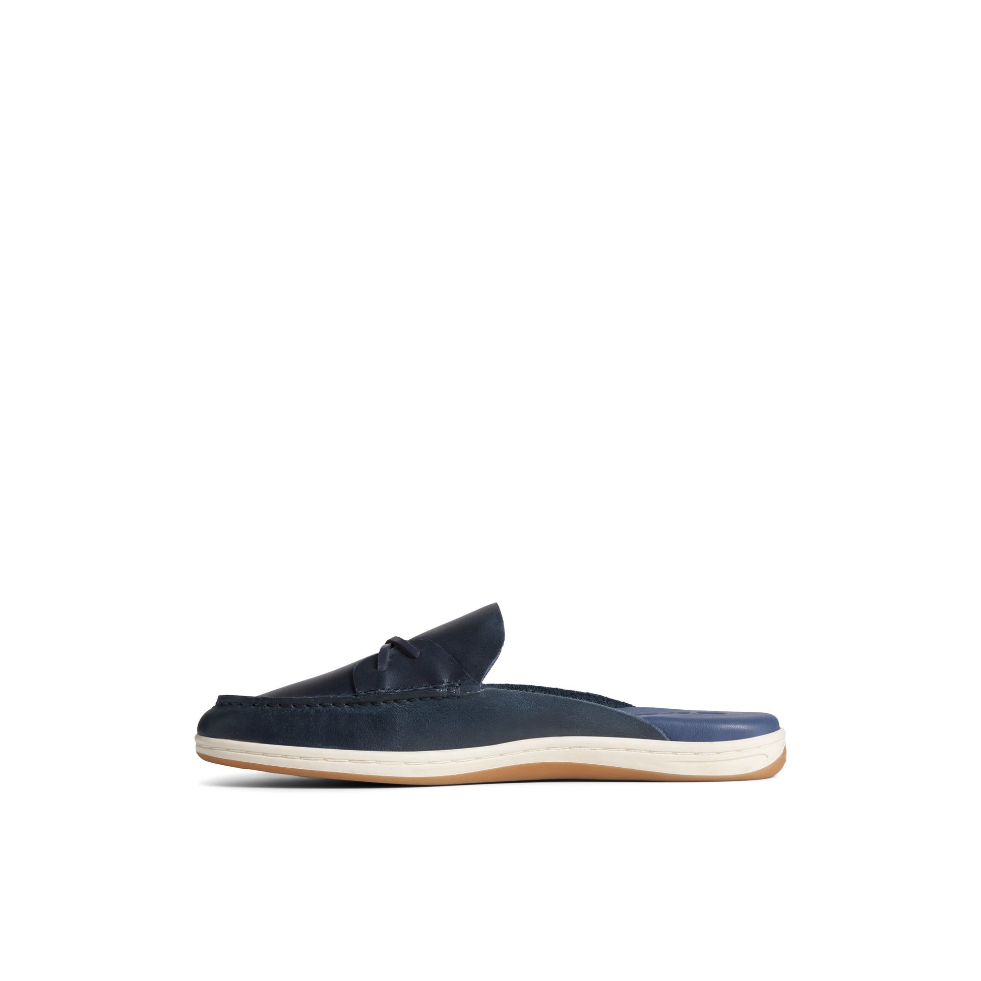 Side view of Navy Mulefish Leather Boat Shoe