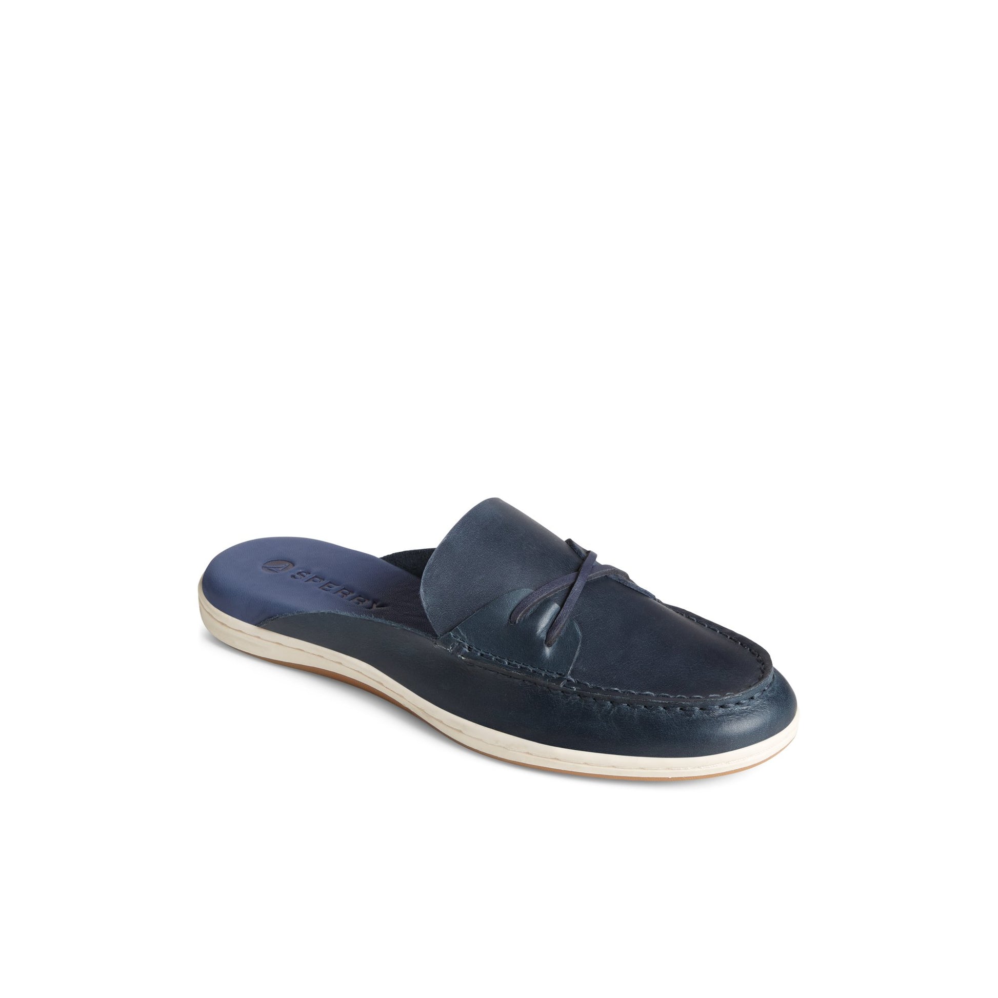 Three-quarter angle of Navy Mulefish Leather Boat Shoe 's front side