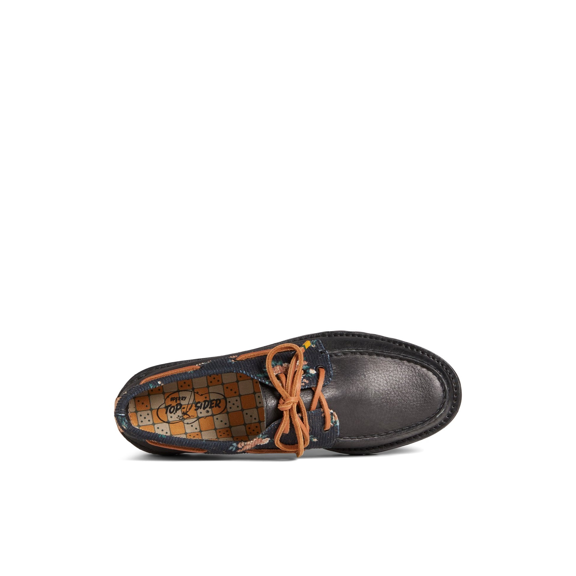 Top-down view of the Black Authentic Original 3-Eye Vibram Lug Corduroy Boat Shoe