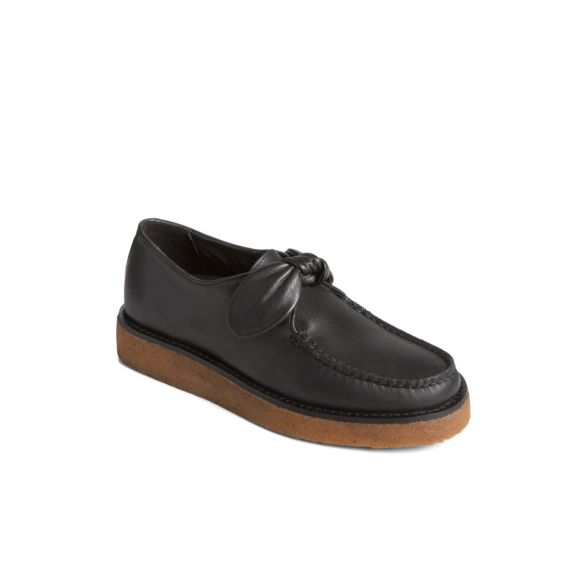Three-quarter angle of Black Captain's Crepe Bow Oxford Captain's Bow Loafer's front side