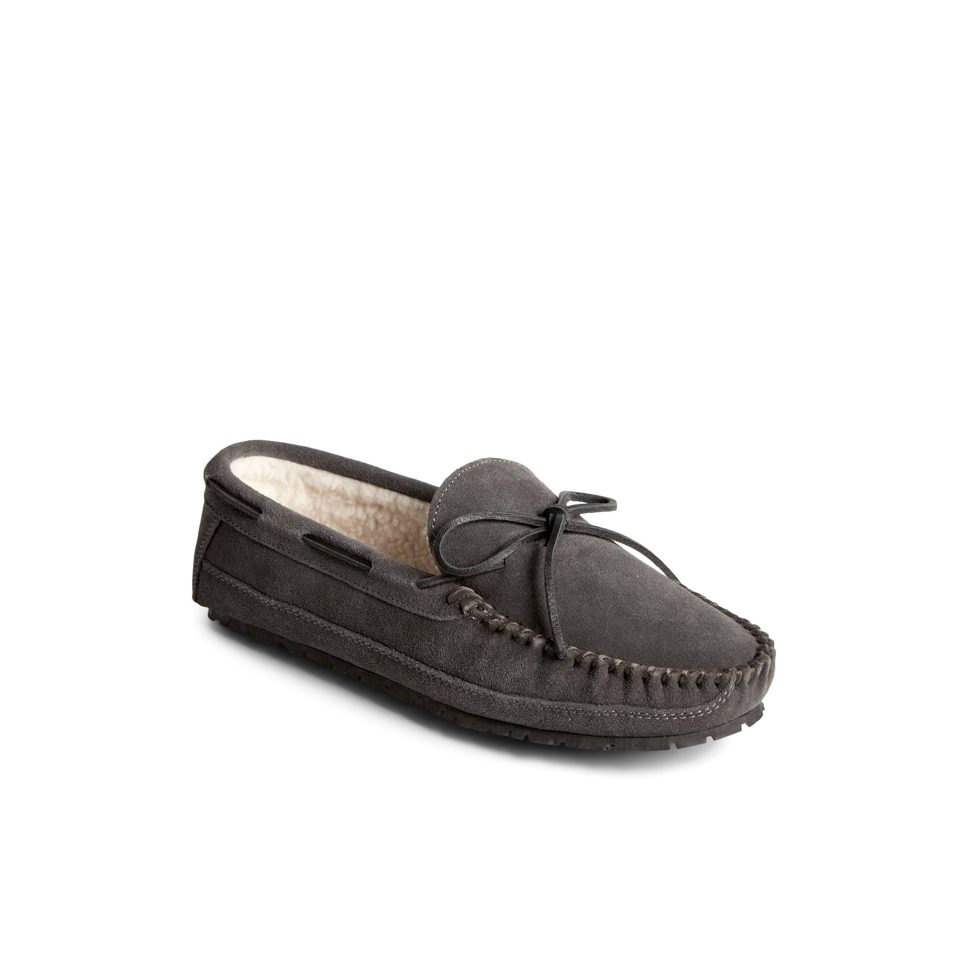 Three-quarter angle of Dark Grey Brandon 1-Eye Moccasin Slipper Moccasin Slipper's front side
