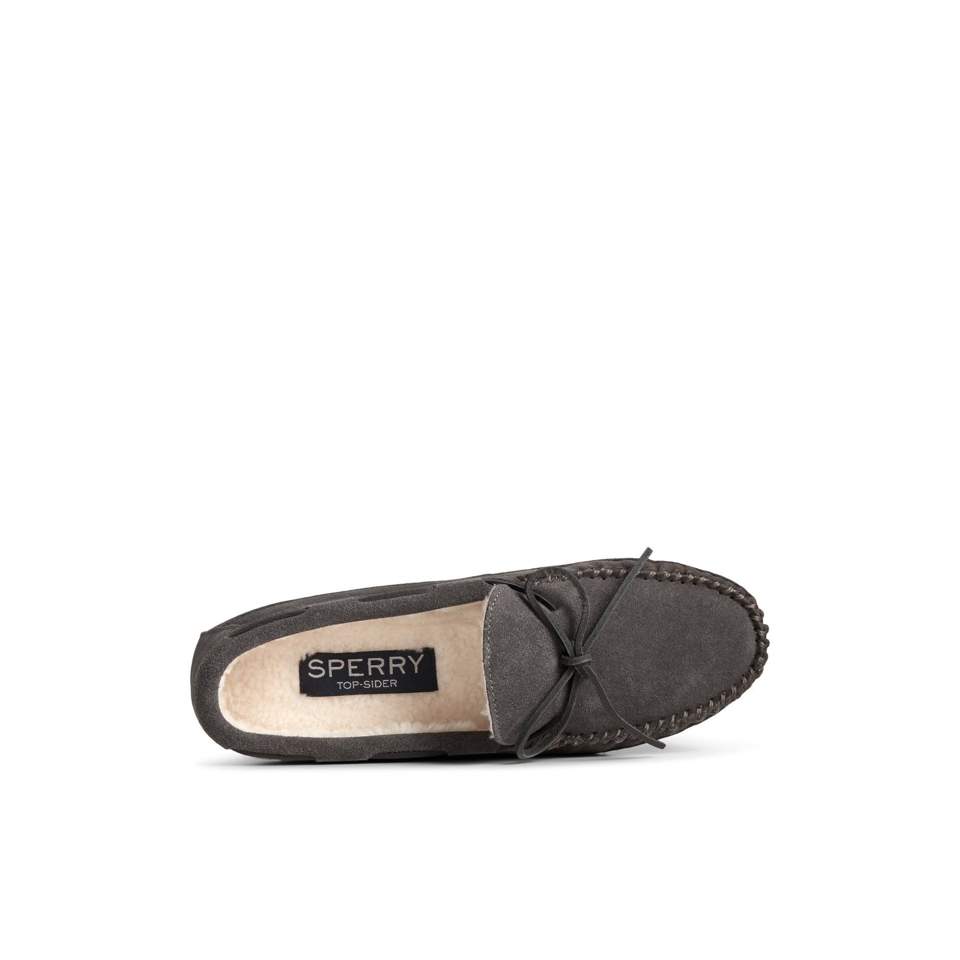 Top-down view of the Dark Grey Brandon 1-Eye Moccasin Slipper Moccasin Slipper