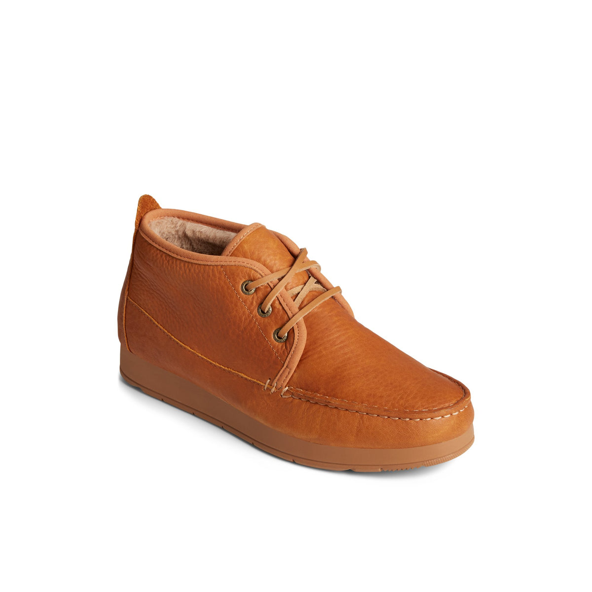 Three-quarter angle of Medium Beige Moc-Sider Chukka Moccasin Chukka's front side