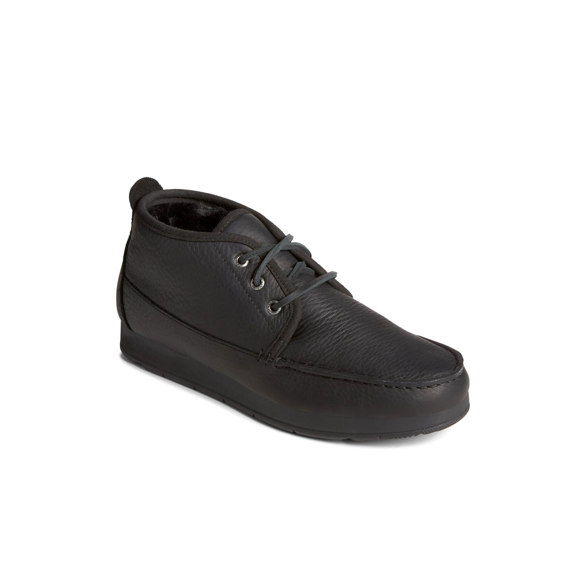 Three-quarter angle of Black Moc-Sider Chukka Moccasin Chukka's front side
