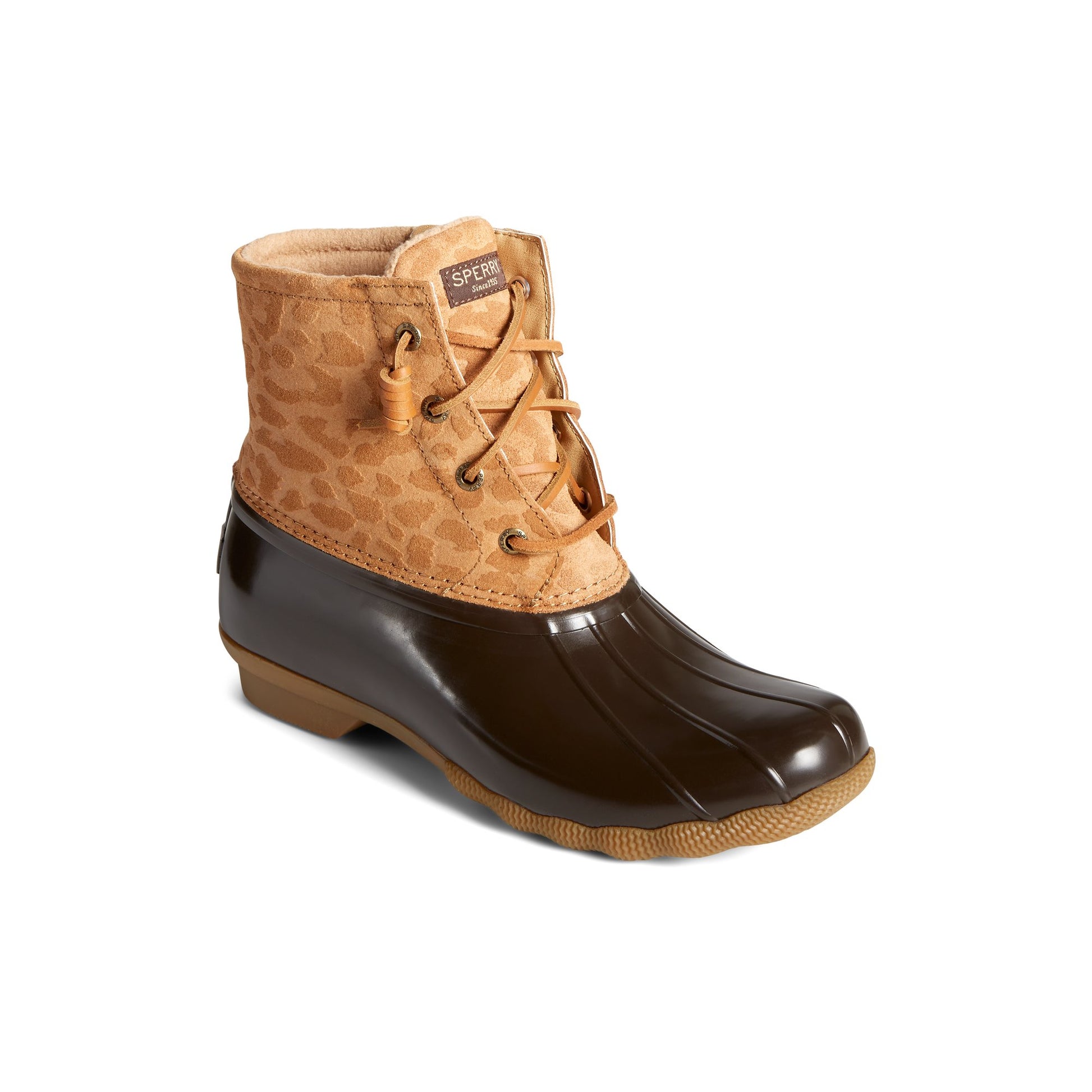 Three-quarter angle of Medium Beige Saltwater™ Cheetah Duck Boot Duck Boots's front side