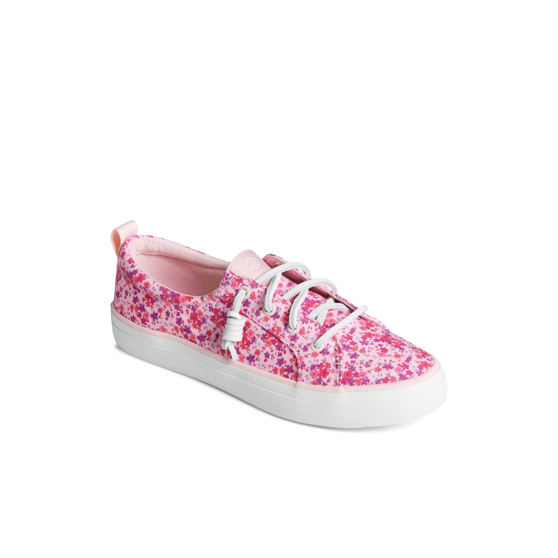 Three-quarter angle of Pink Crest Vibe Floral Sneaker 's front side