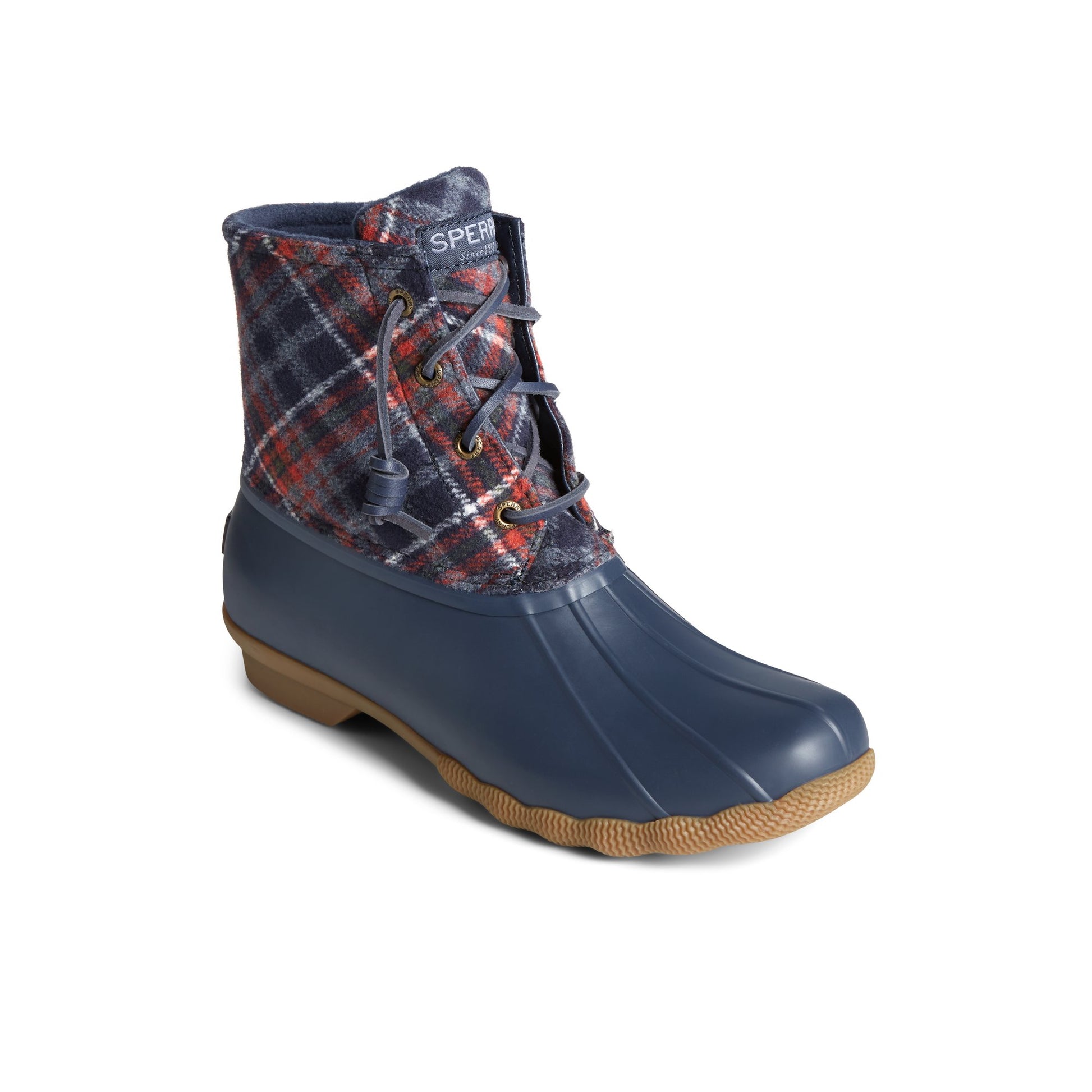 Three-quarter angle of Navy Saltwater™ Plaid Wool Duck Boot Duck Boots's front side