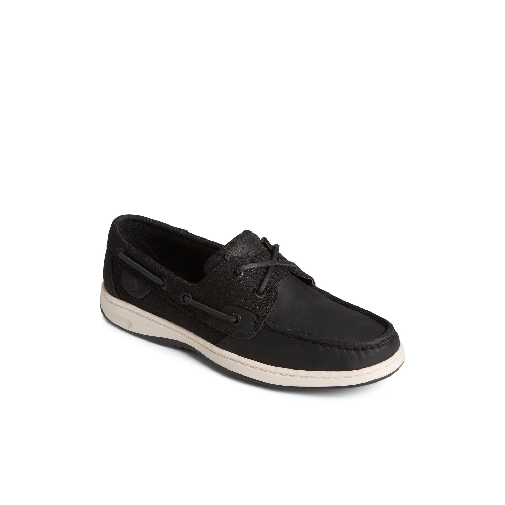 Three-quarter angle of Black Bluefish Boat Shoe 's front side