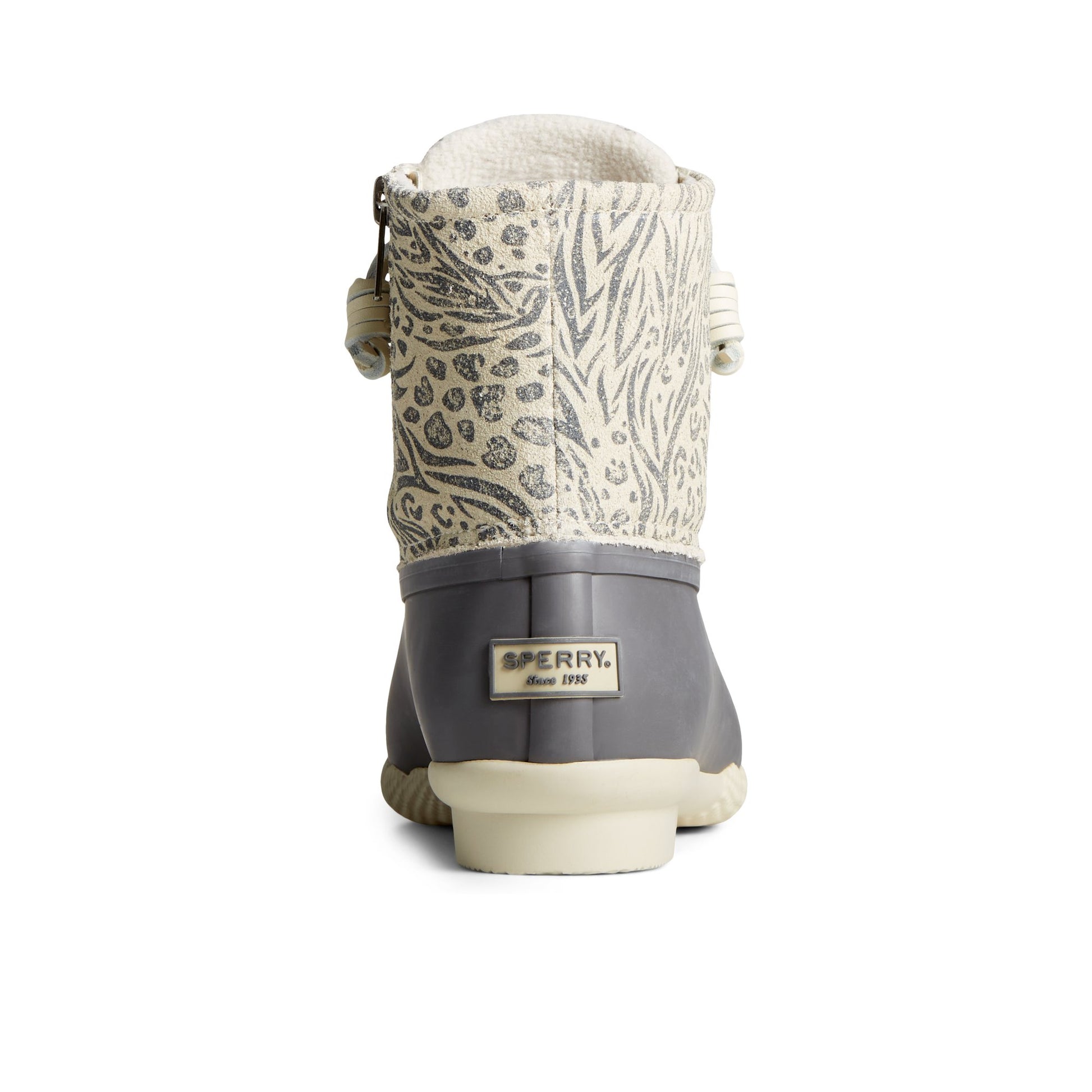 Close-up of the Grey Saltwater™ Animal Print Duck Boot Duck Boots