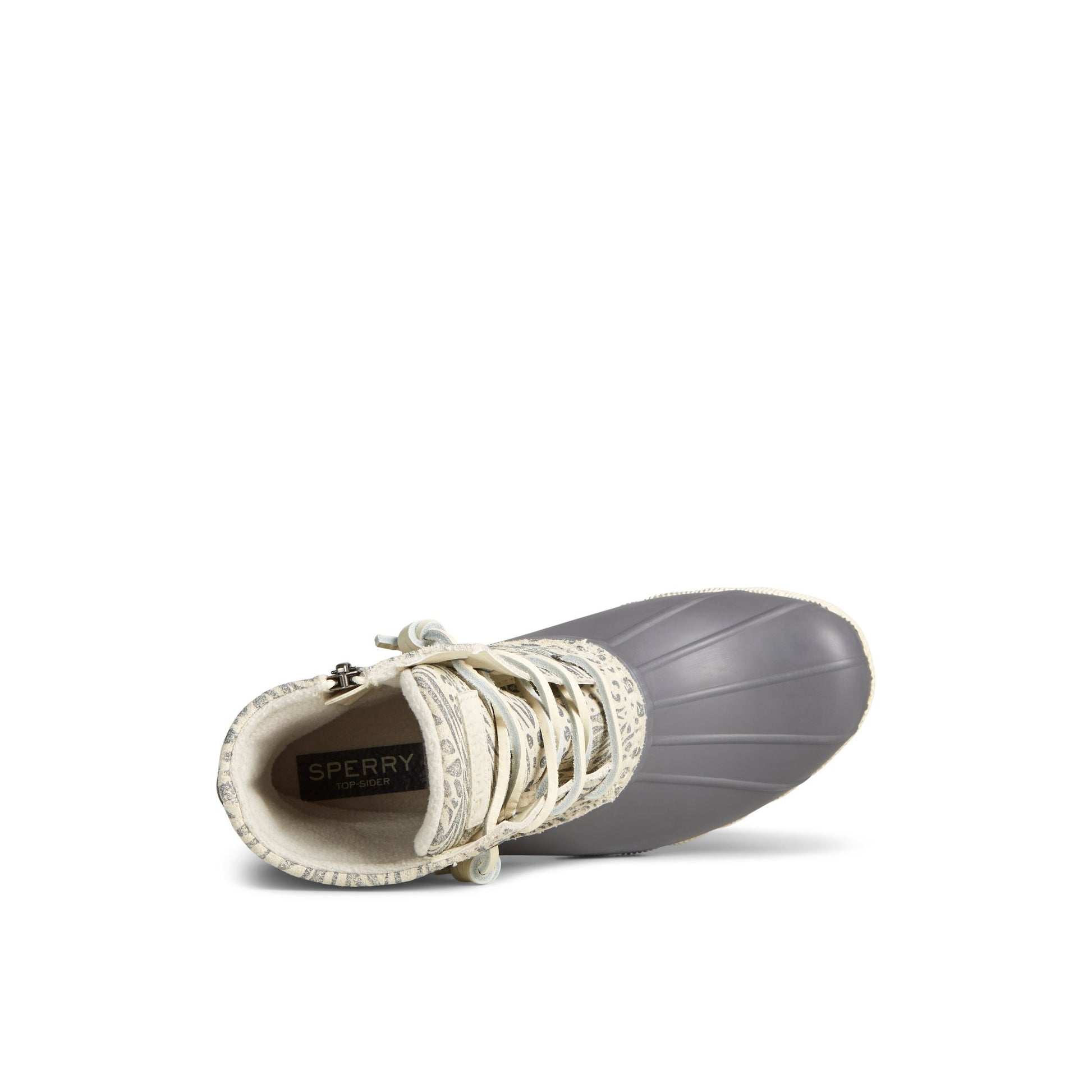 Top-down view of the Grey Saltwater™ Animal Print Duck Boot Duck Boots