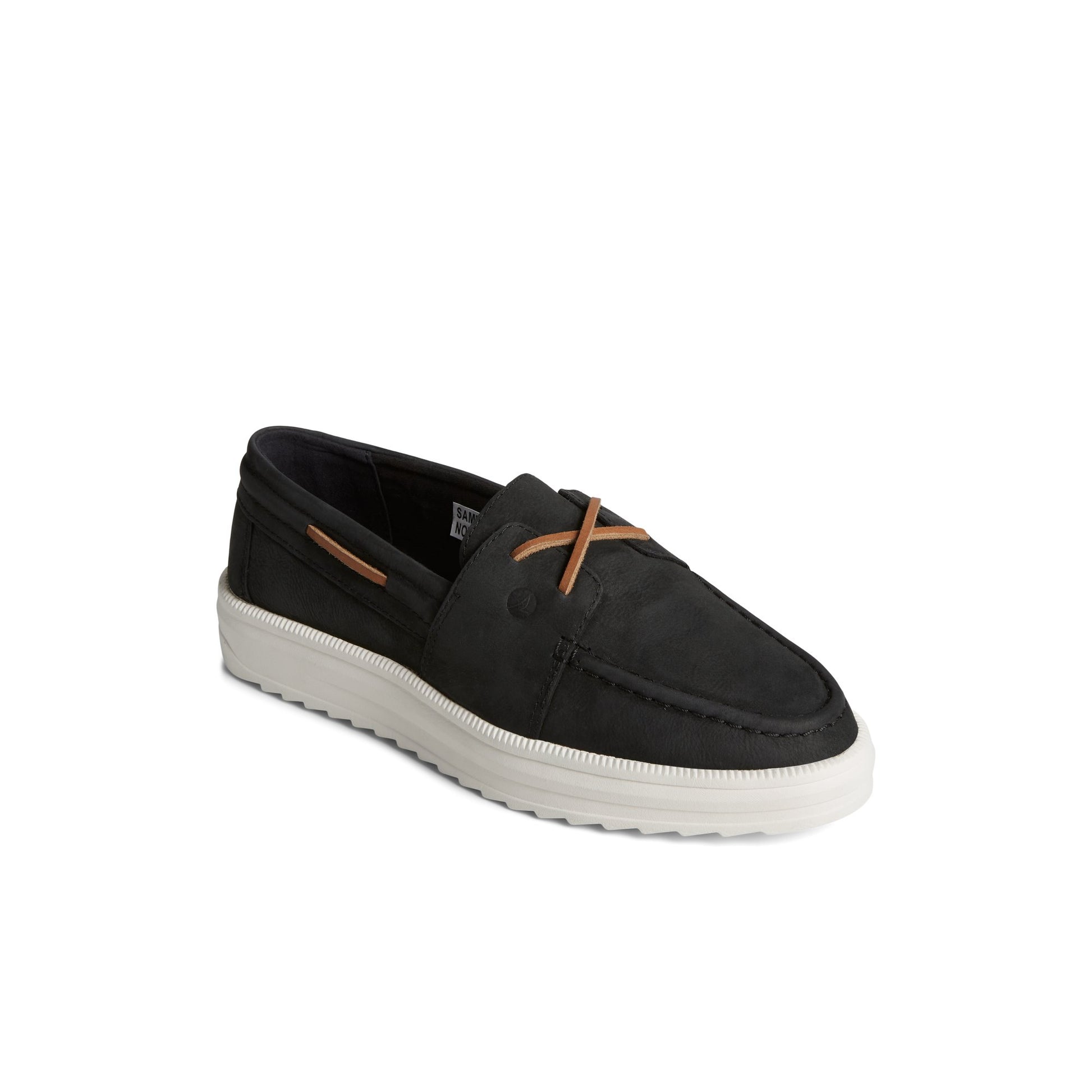 Three-quarter angle of Black Cruise Plushwave Sneaker Boat Shoes's front side