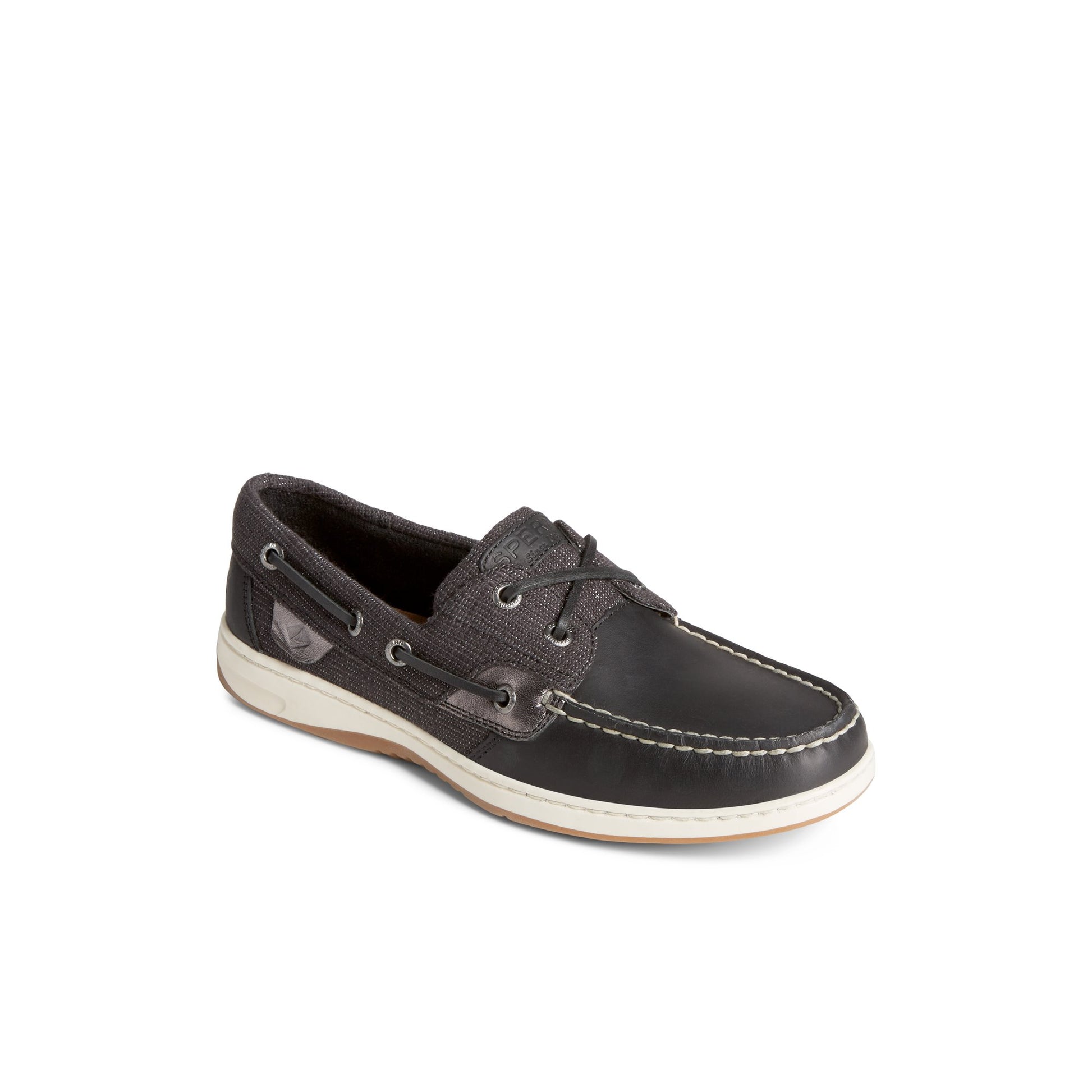 Three-quarter angle of Black Bluefishdnim_wm Boat Shoes's front side