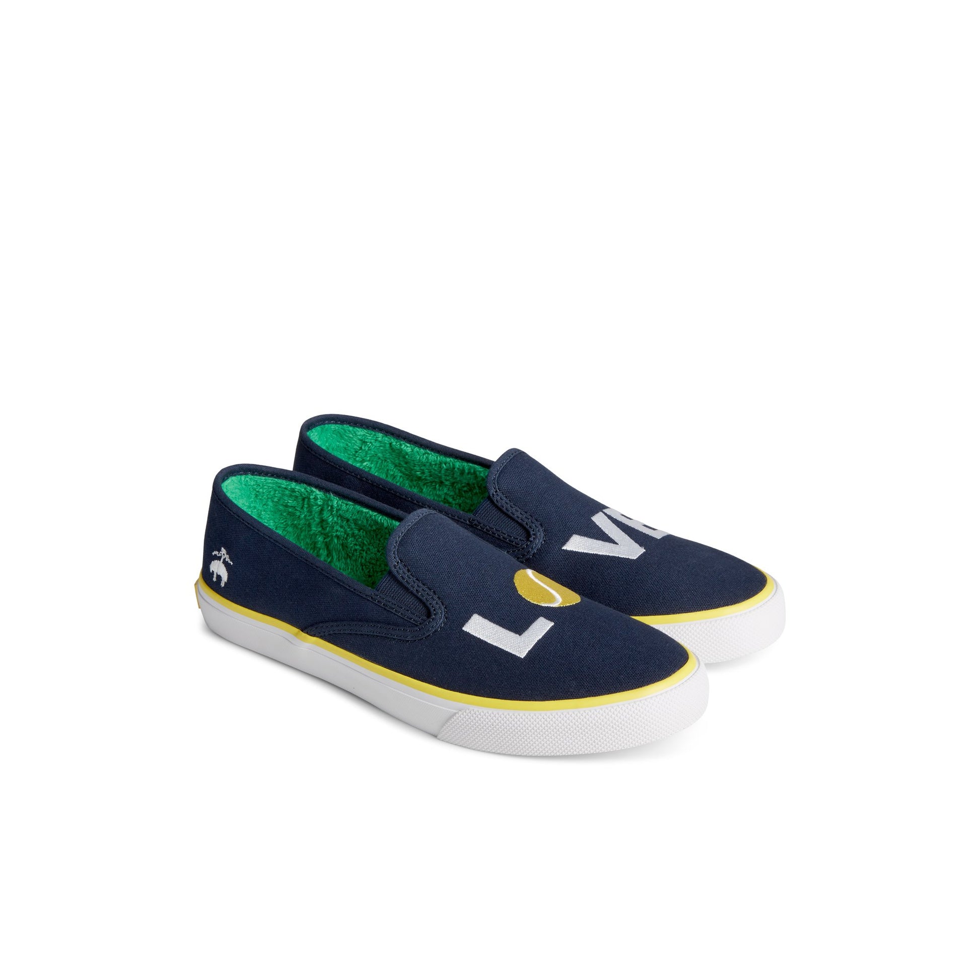 Three-quarter angle of Navy Sperry x Brooks Brothers Slip On Sneaker 's front side