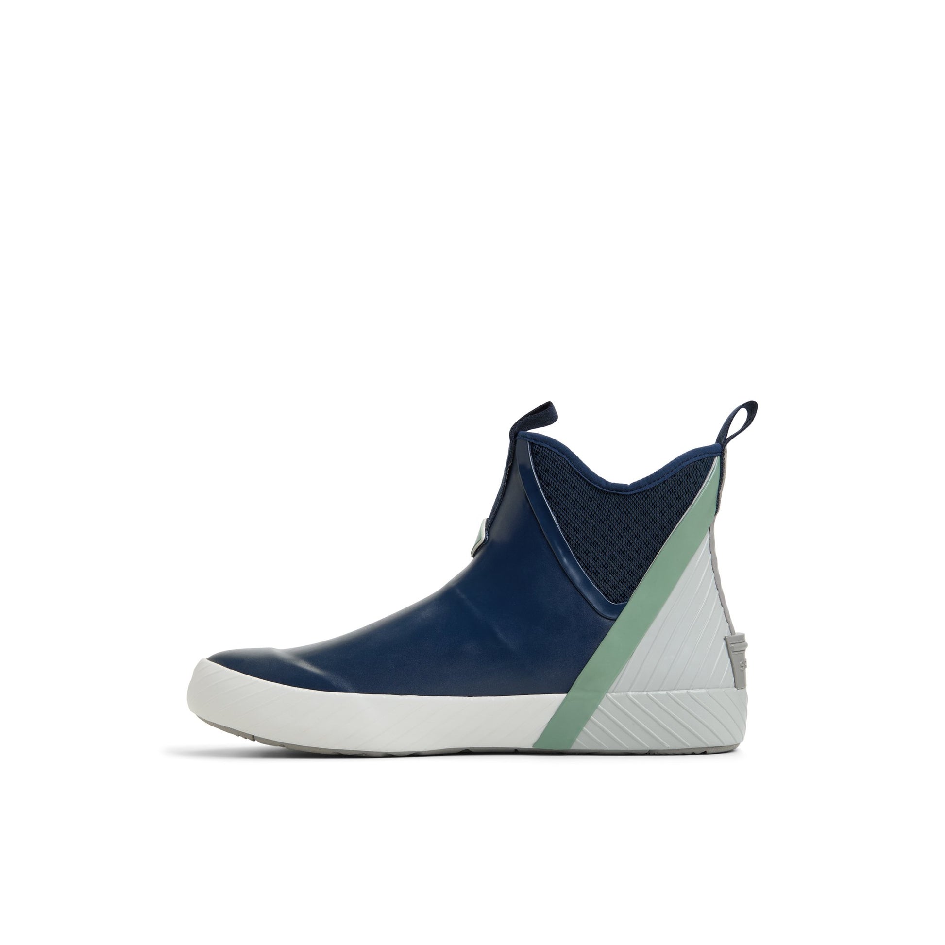 Three-quarter angle of Navy Cutwater Deck Boot Chelsea Rain Boot's back side