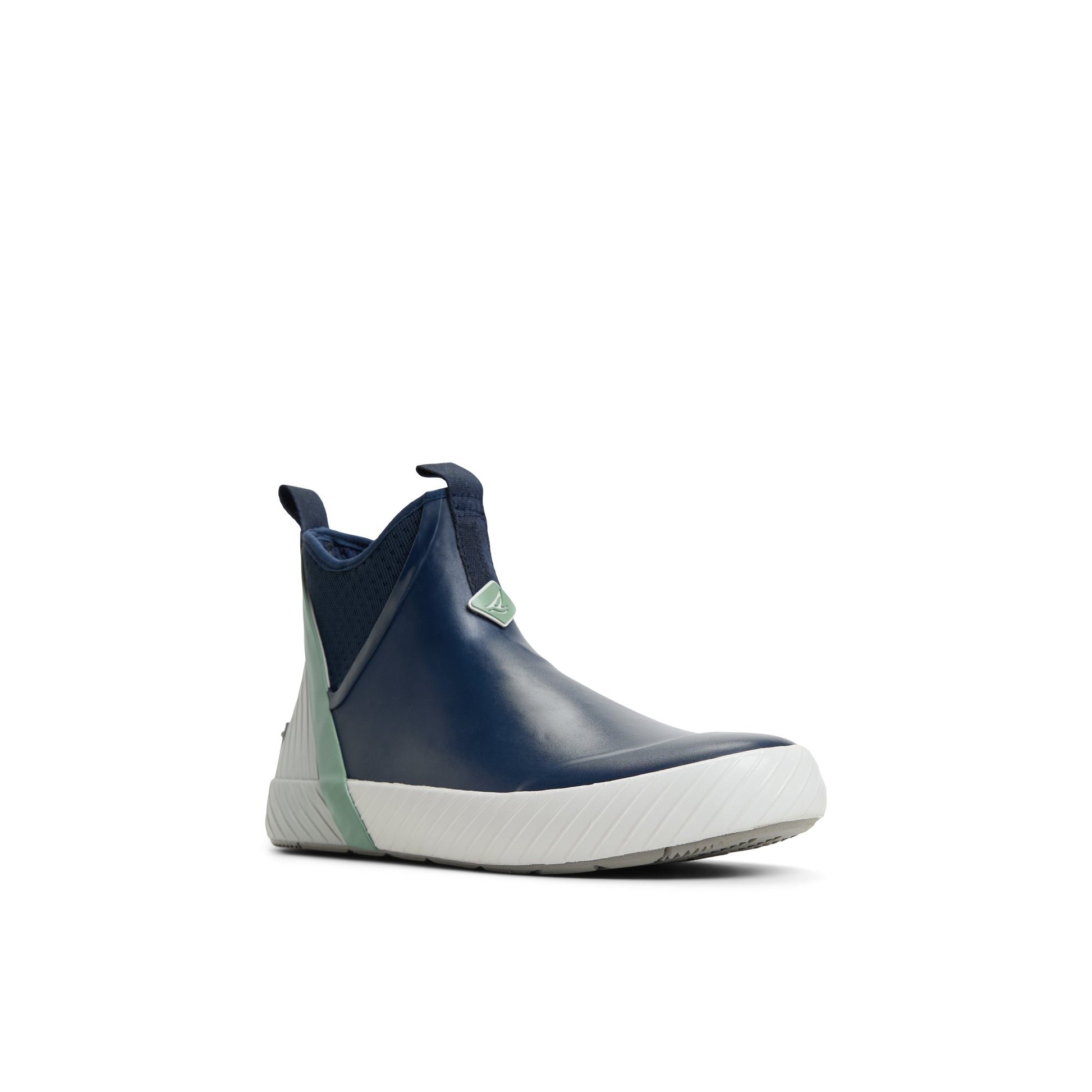 Side view of Navy Cutwater Deck Boot Chelsea Rain Boot