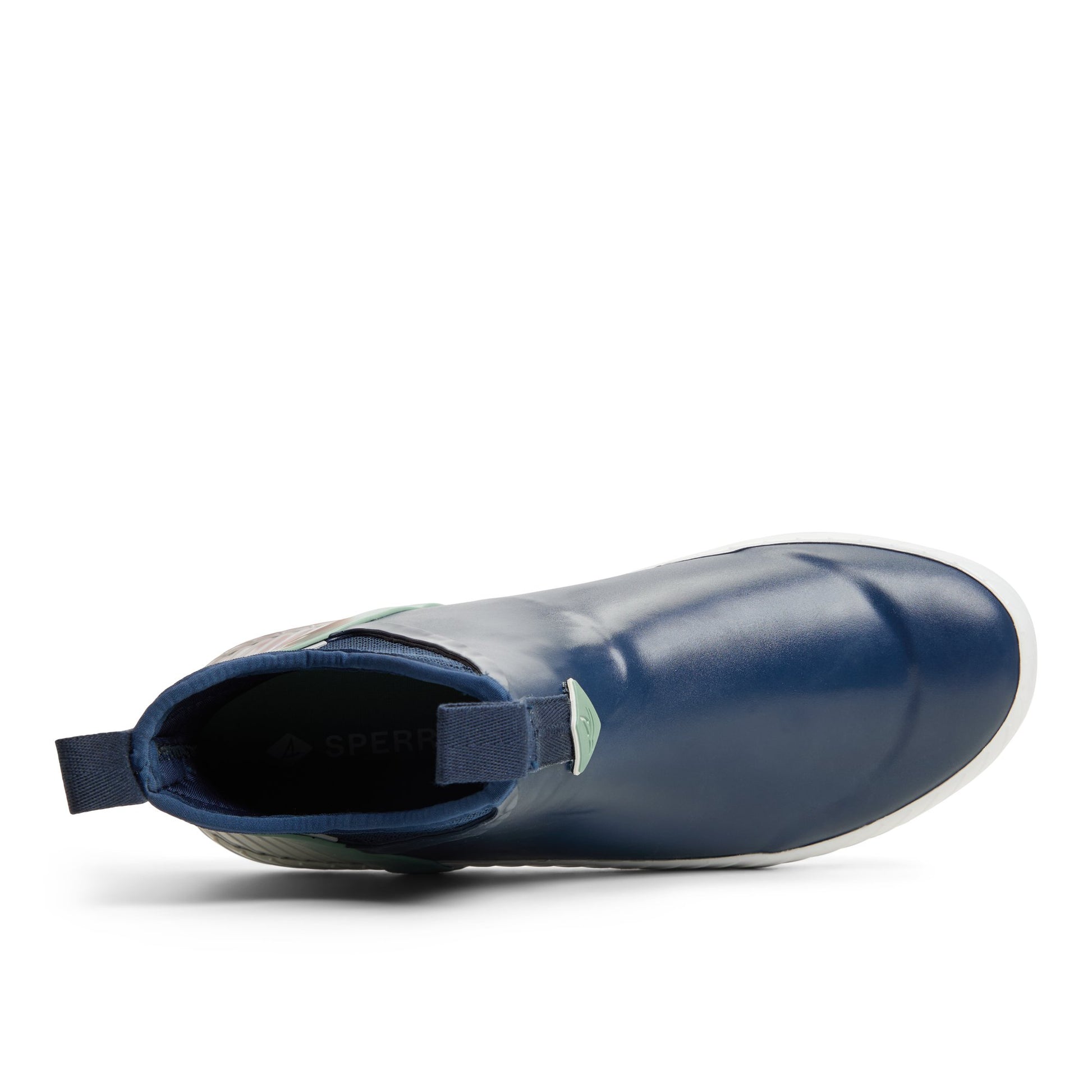 Top-down view of the Navy Cutwater Deck Boot Chelsea Rain Boot