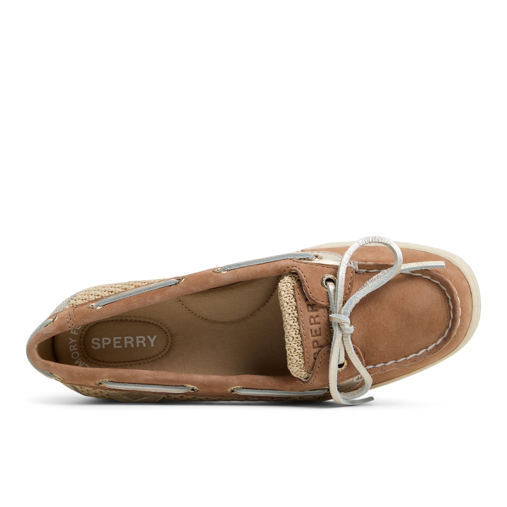 Top-down view of the Open tan Angelfish 1 Eye Boat Shoe Boat Shoes