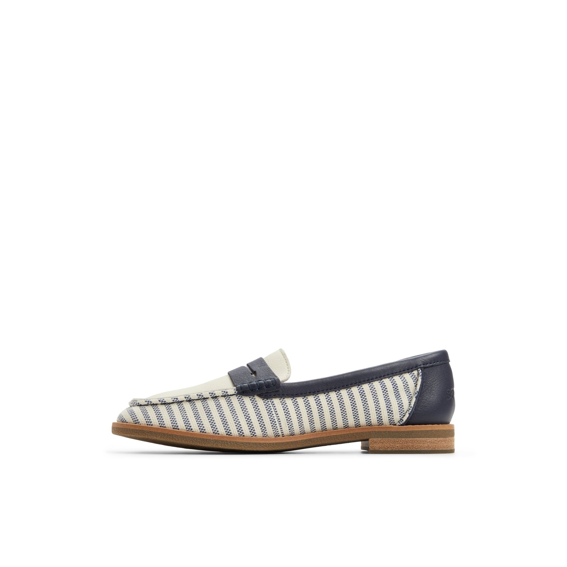 Three-quarter angle of White/Navy Seaport Penny Loafer Penny Loafer's back side