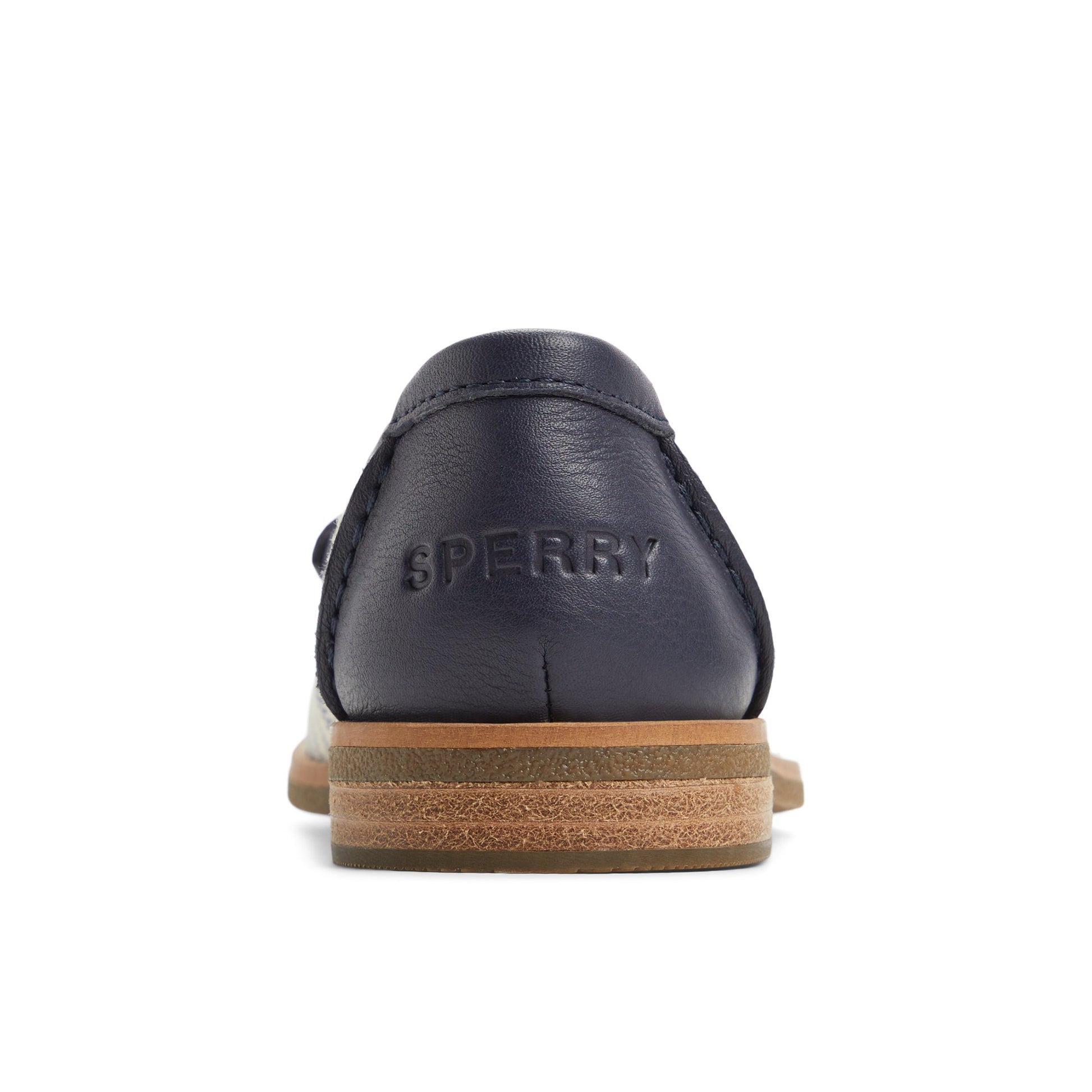 Three-quarter angle of White/Navy Seaport Penny Loafer Penny Loafer's front side