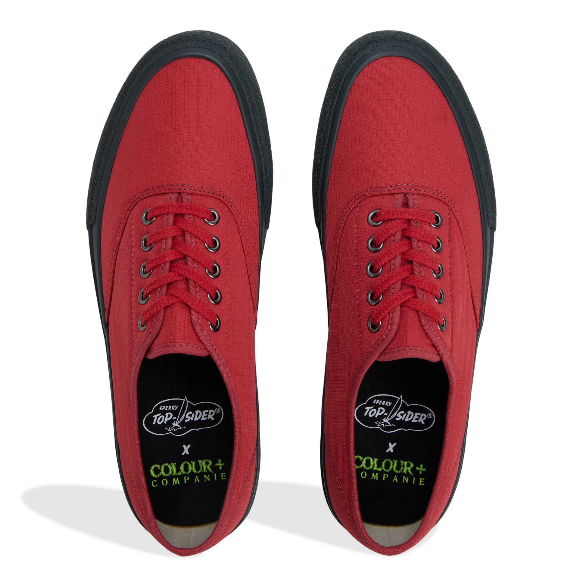 Top-down view of the Red Sperry x Colour Plus Companie CVO Low Top Sneakers