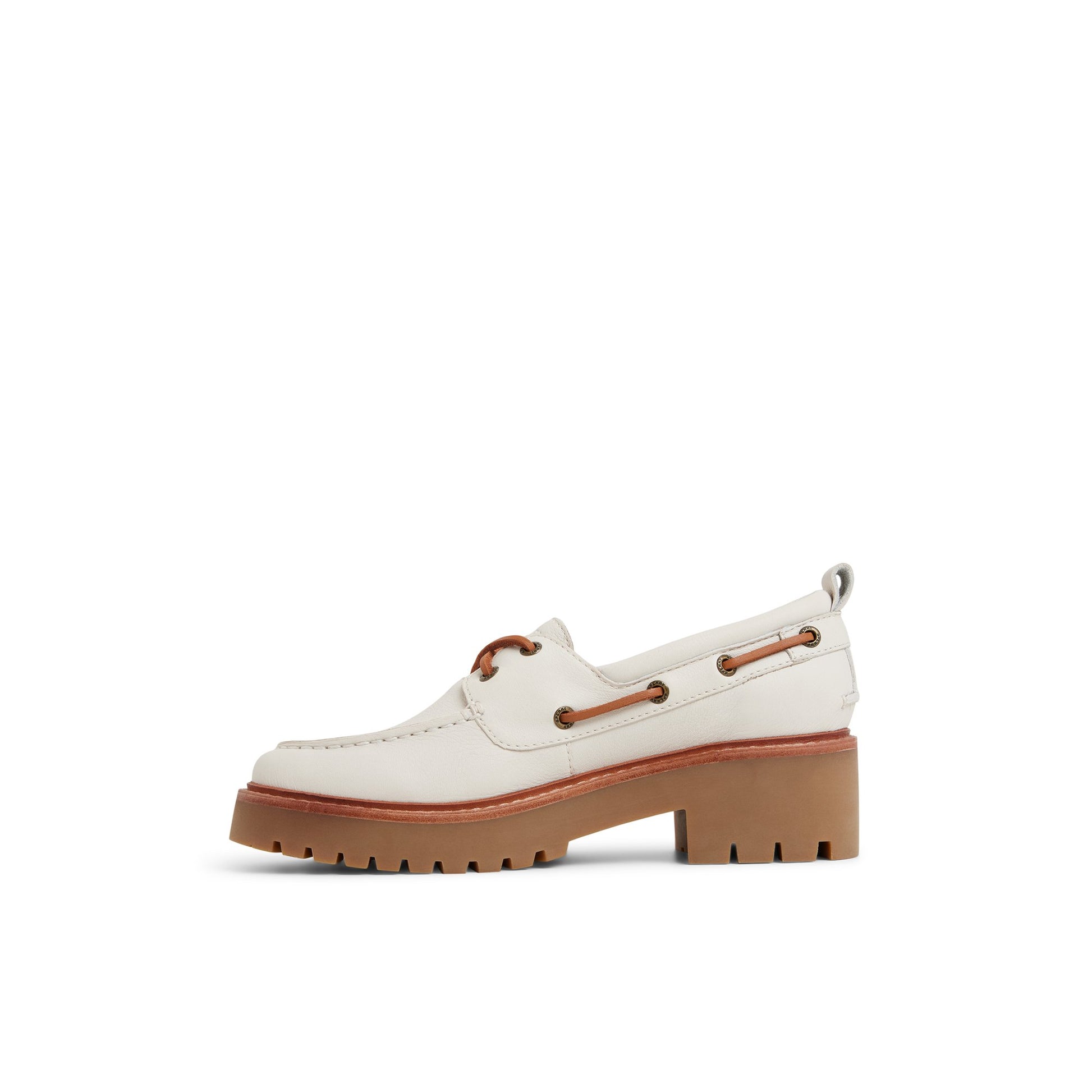 Three-quarter angle of Cream Authentic Original™ Lug 2-Eye Boat Shoe Boat Shoe's back side