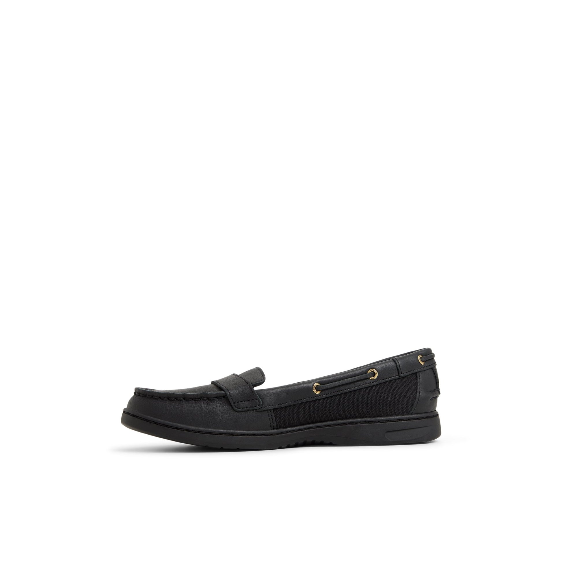 Three-quarter angle of Black MinnowFish Loafer Boat Shoe Loafer's back side