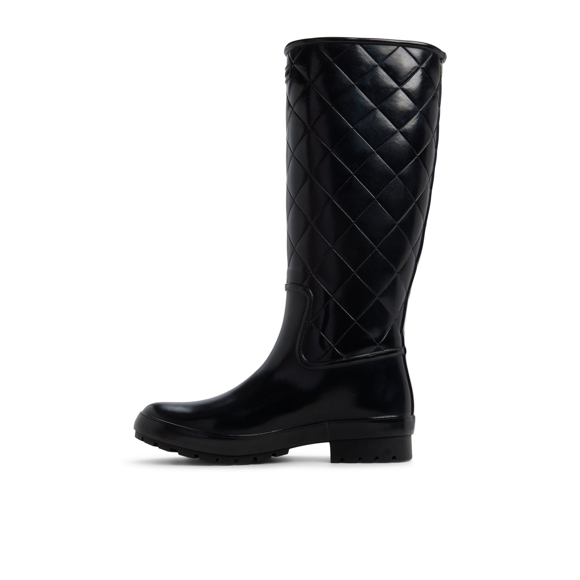 Three-quarter angle of Black Drizzle Knee High Rain Boot Duck Boots's back side