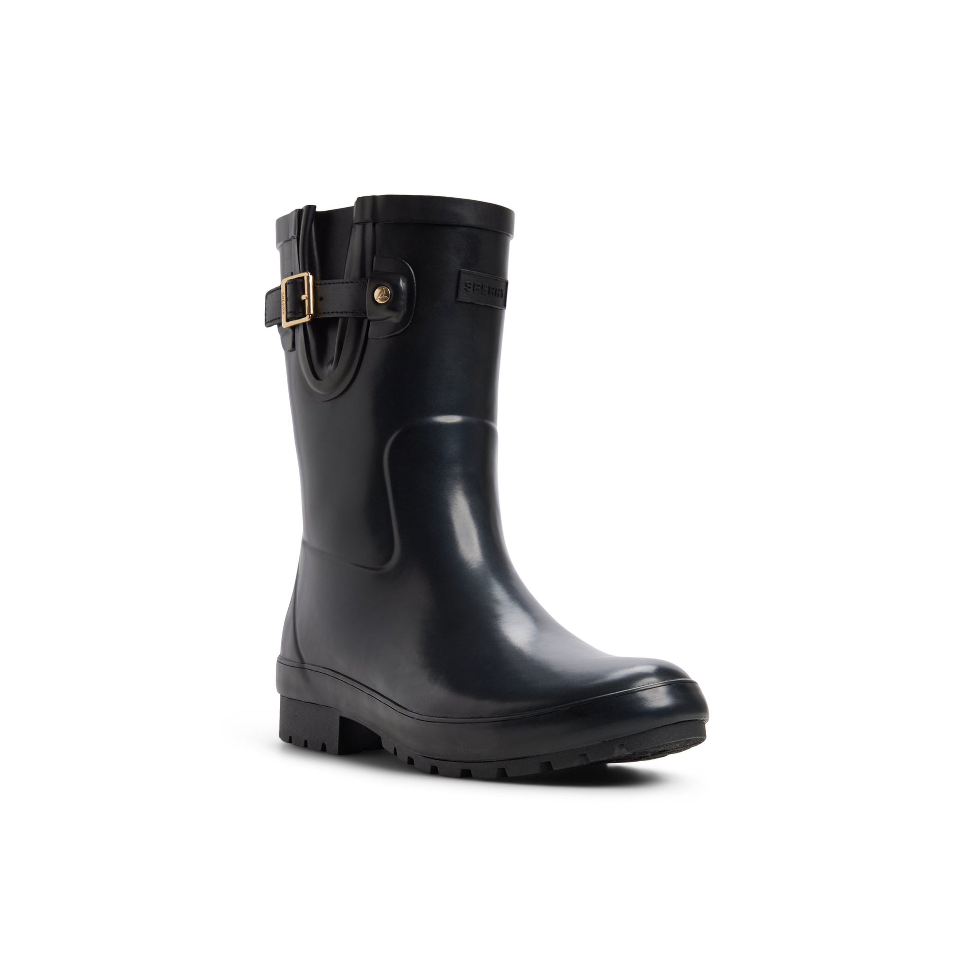Side view of Black Drizzle Mid Calf Rain Boot Rain Boots