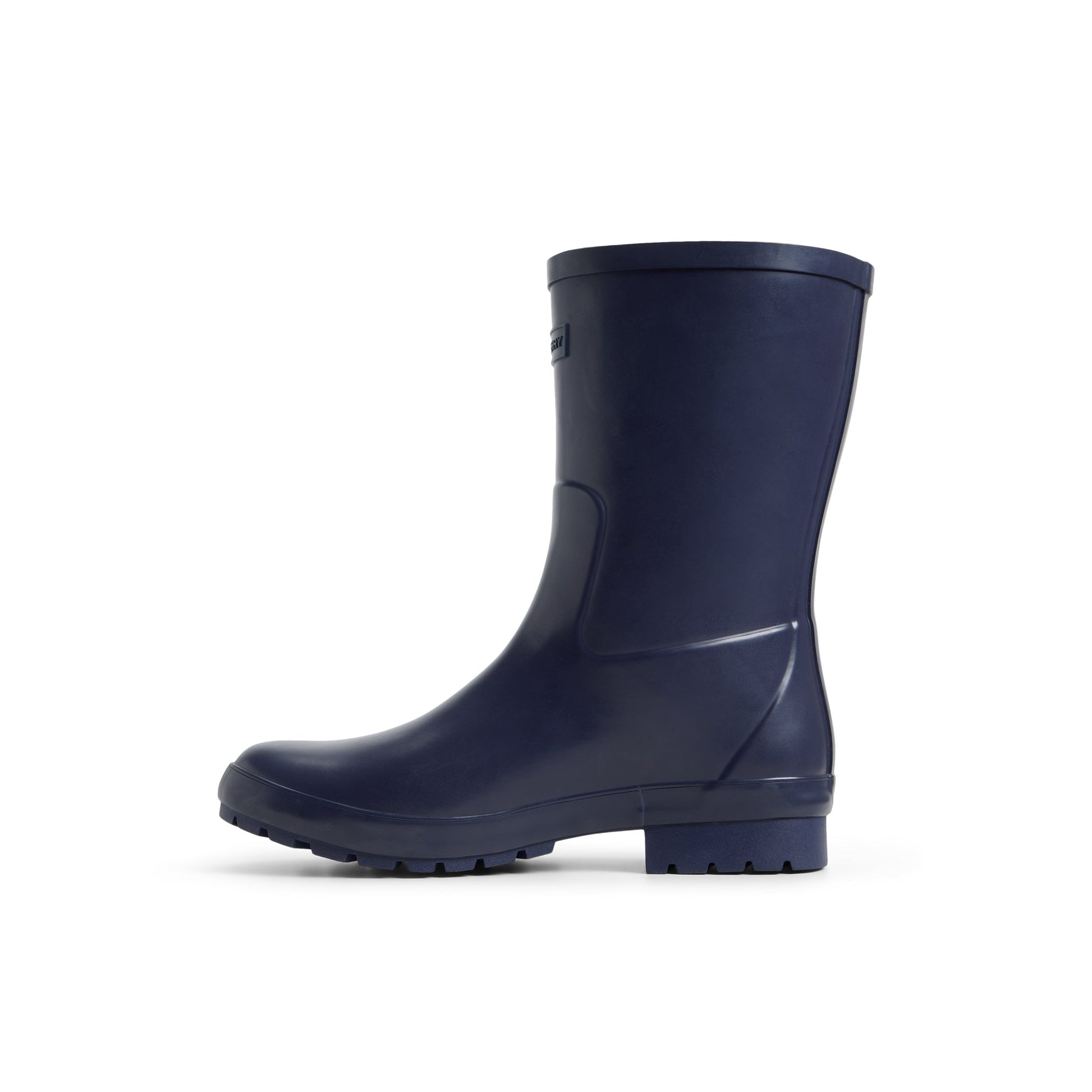 Three-quarter angle of Navy Drizzle Mid Calf Rain Boot Duck Boots's back side