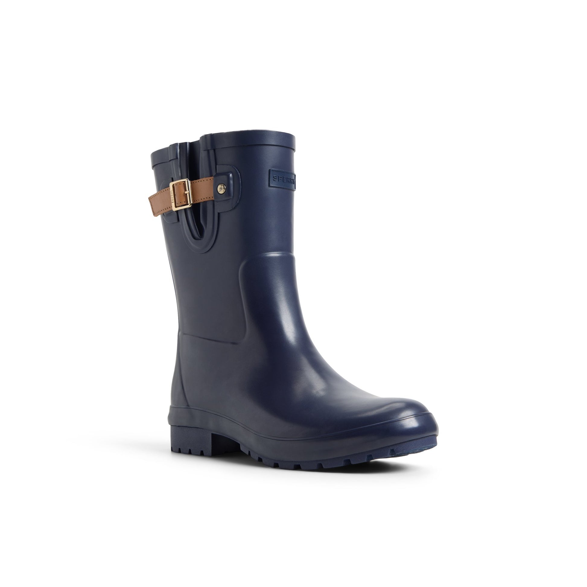 Side view of Navy Drizzle Mid Calf Rain Boot Duck Boots