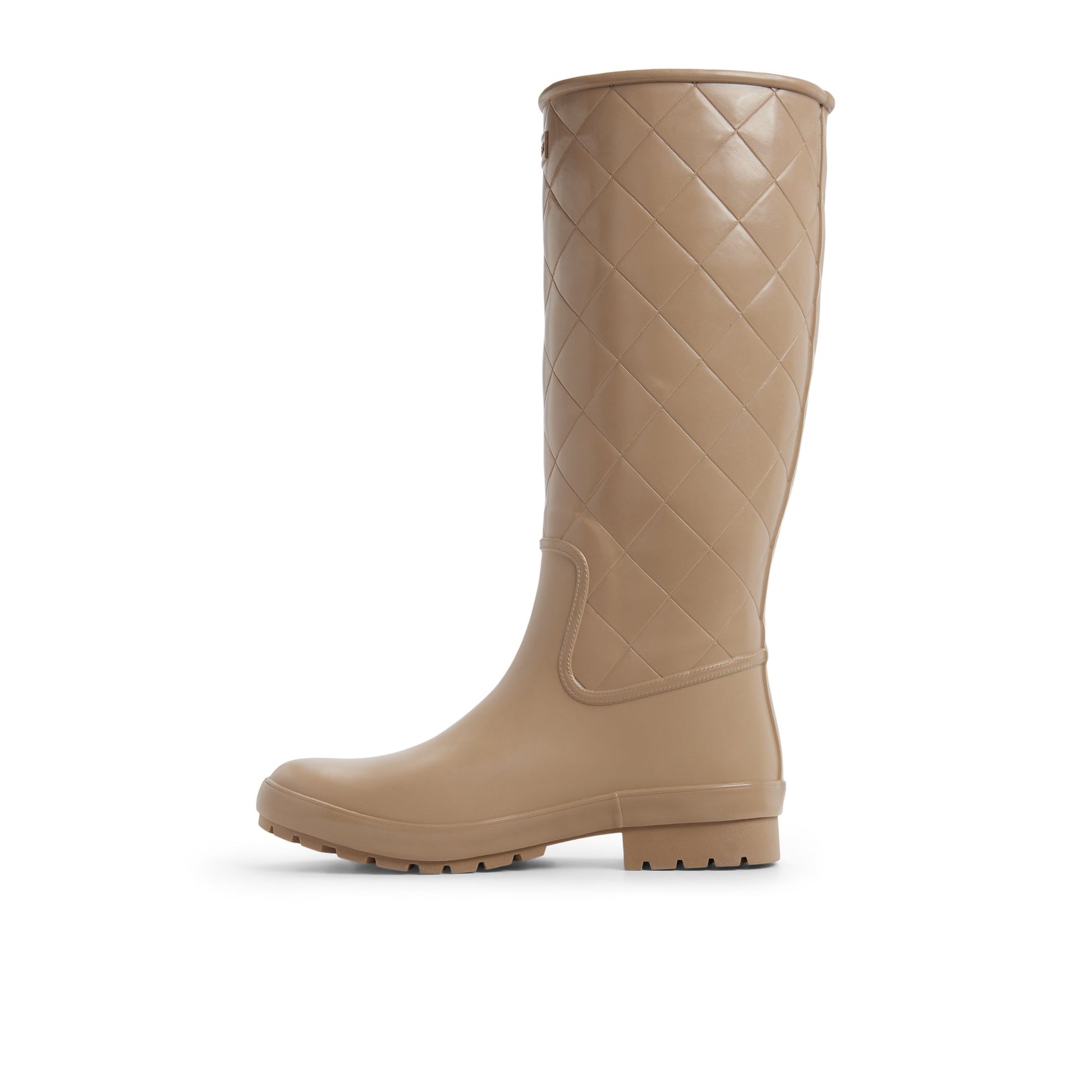 Three-quarter angle of Taupe Drizzle Knee High Rain Boot Duck Boots's back side