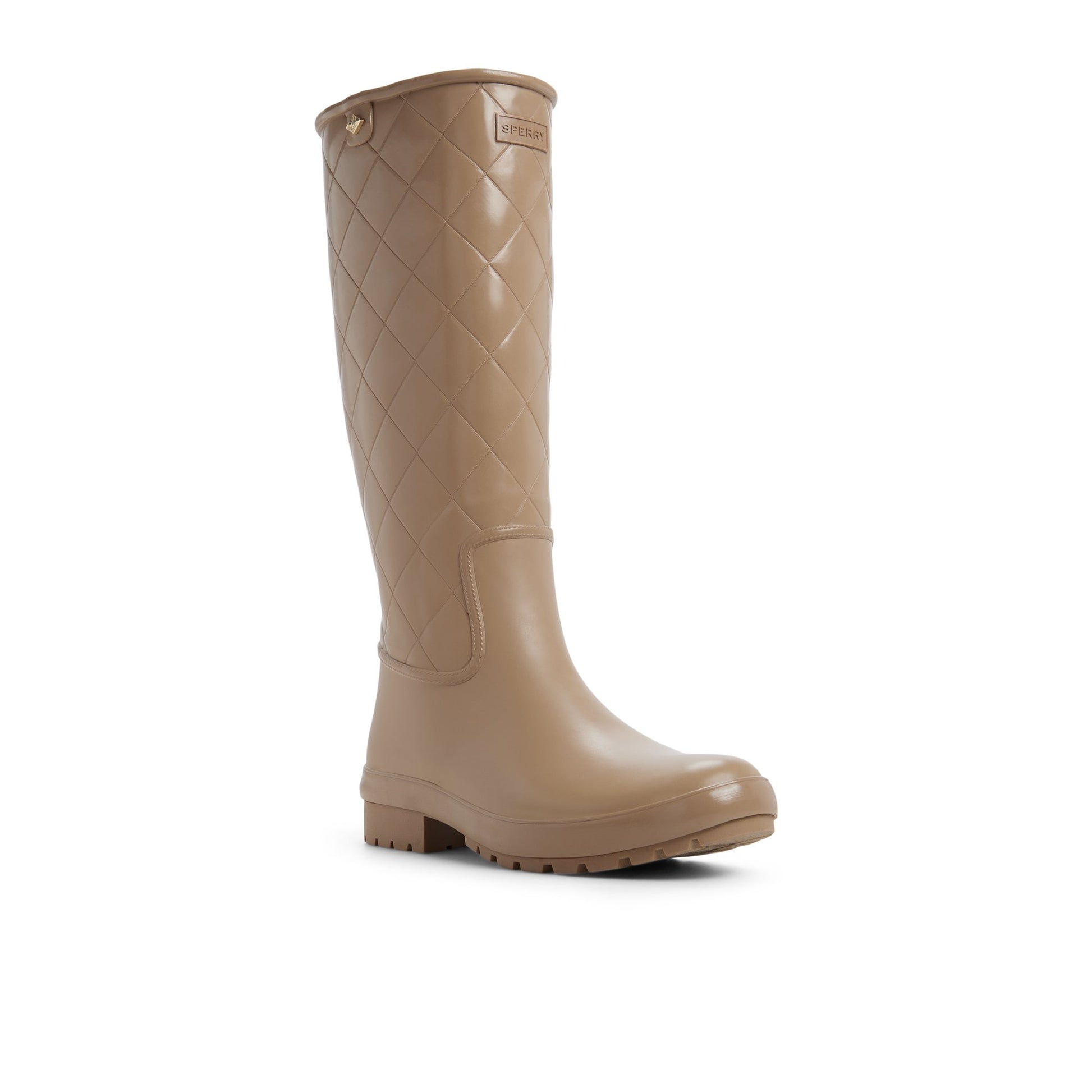 Side view of Taupe Drizzle Knee High Rain Boot Duck Boots