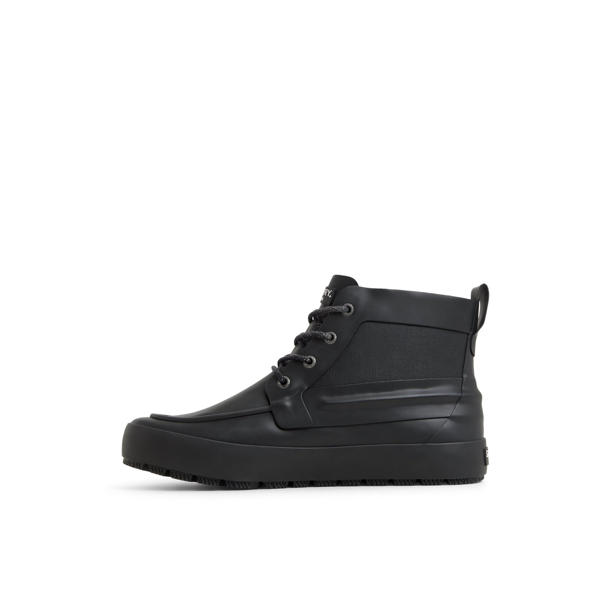 Three-quarter angle of Black Sleek Lace Up Boot Rain Boots's back side