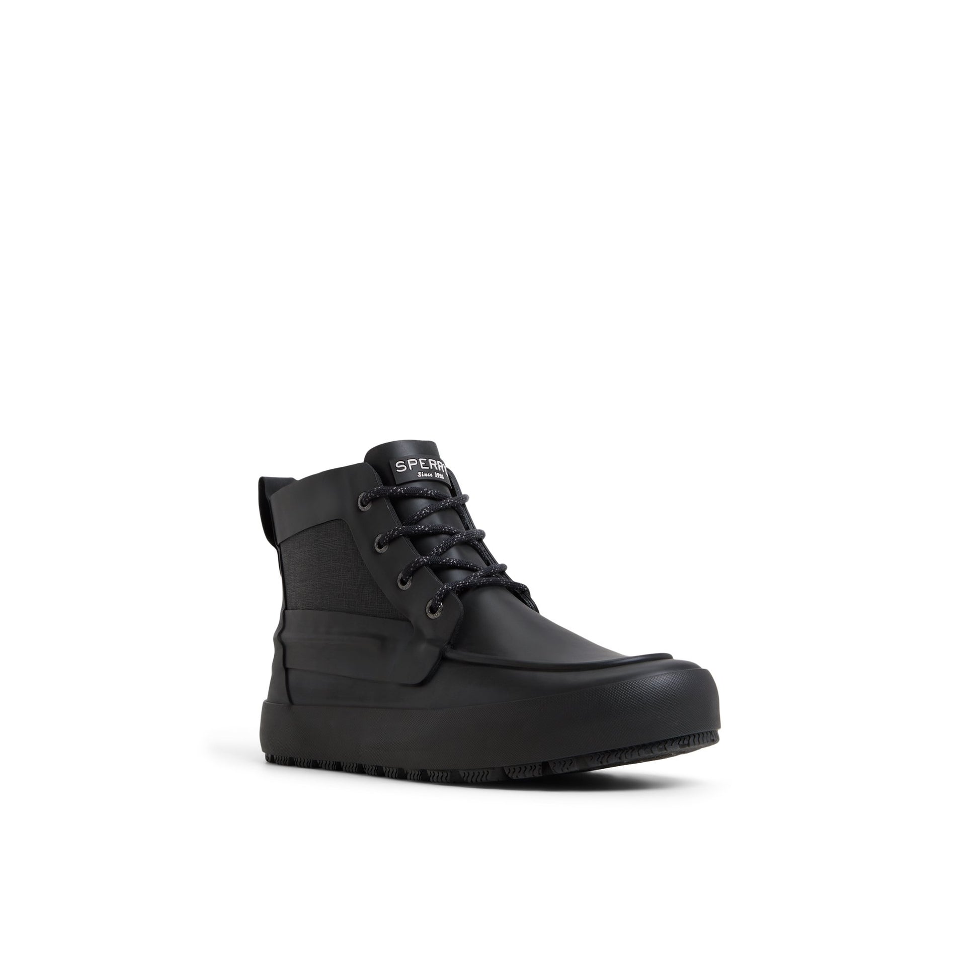 Side view of Black Sleek Lace Up Boot Rain Boots