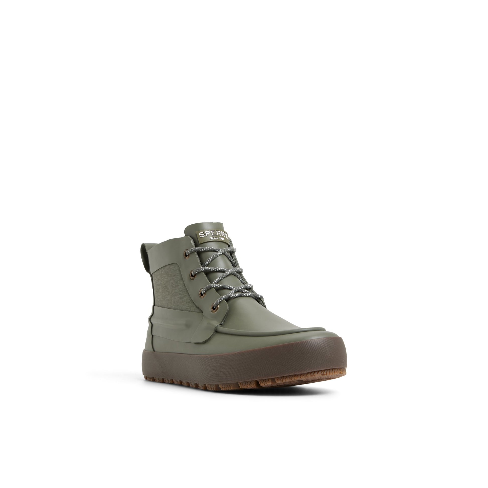 Side view of Olive Sleek Lace Up Boot Rain Boots