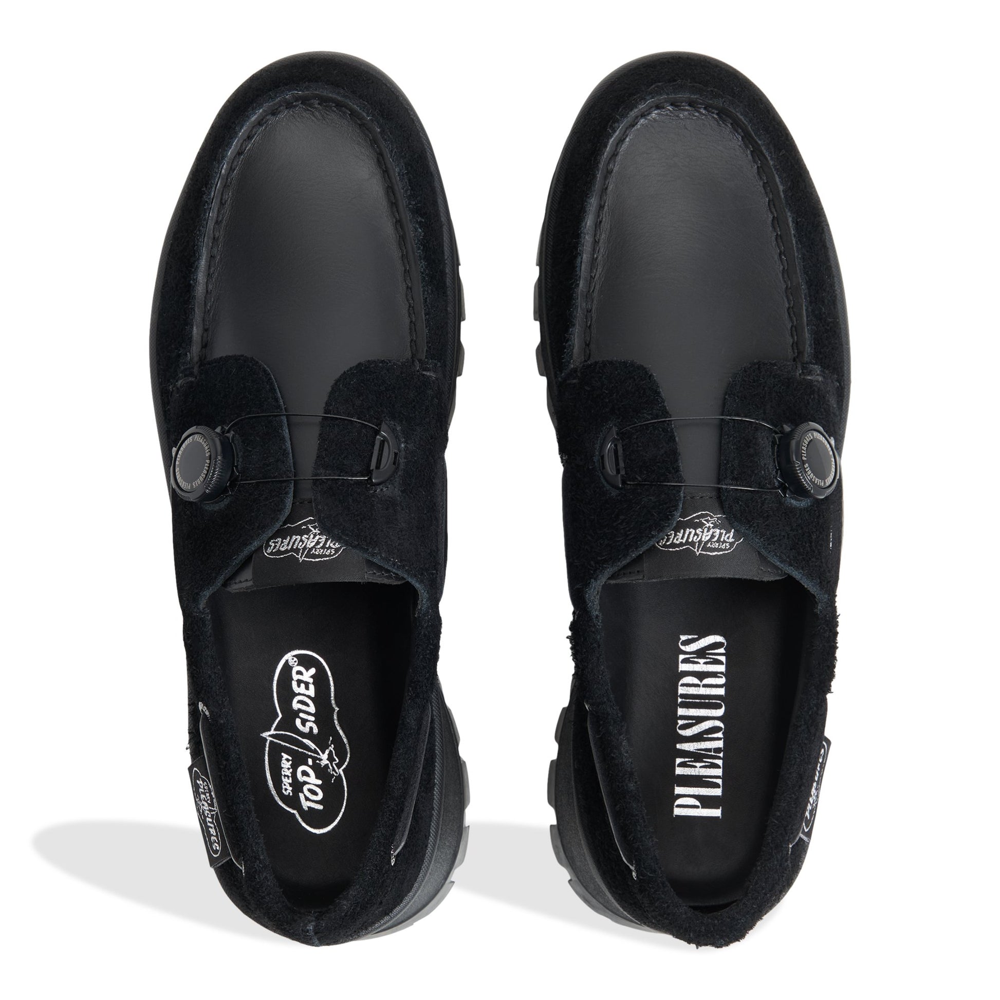 Top-down view of the Black Sperry x Pleasures 3-Eye Vibram Turn-Lock Lug Boat Boat Shoe