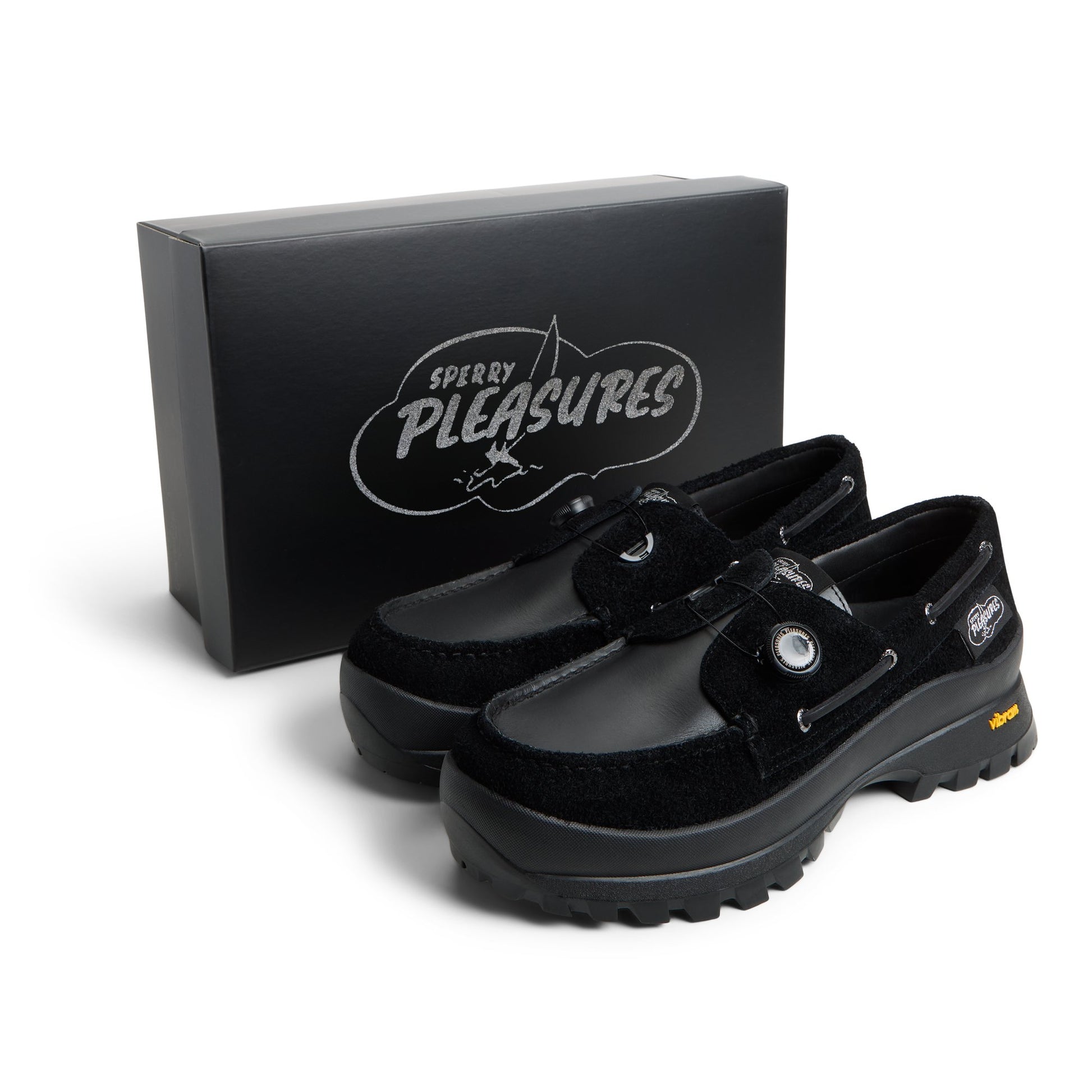 View of Black Sperry x Pleasures 3-Eye Vibram Turn-Lock Lug Boat Boat Shoe's sole