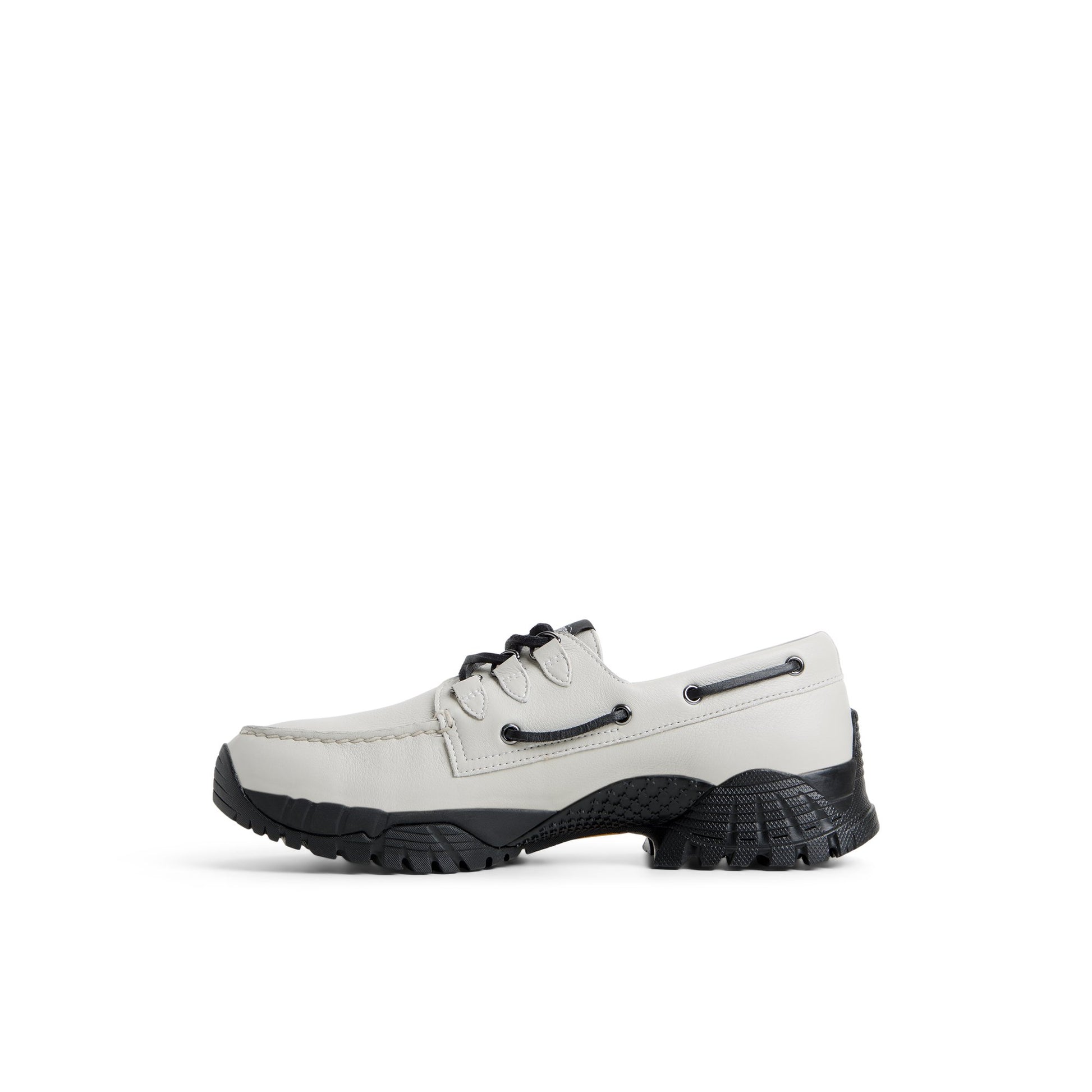 Three-quarter angle of Bone Sperry x Pleasures 3-Eye Vibram Hiker Boat Shoe's back side