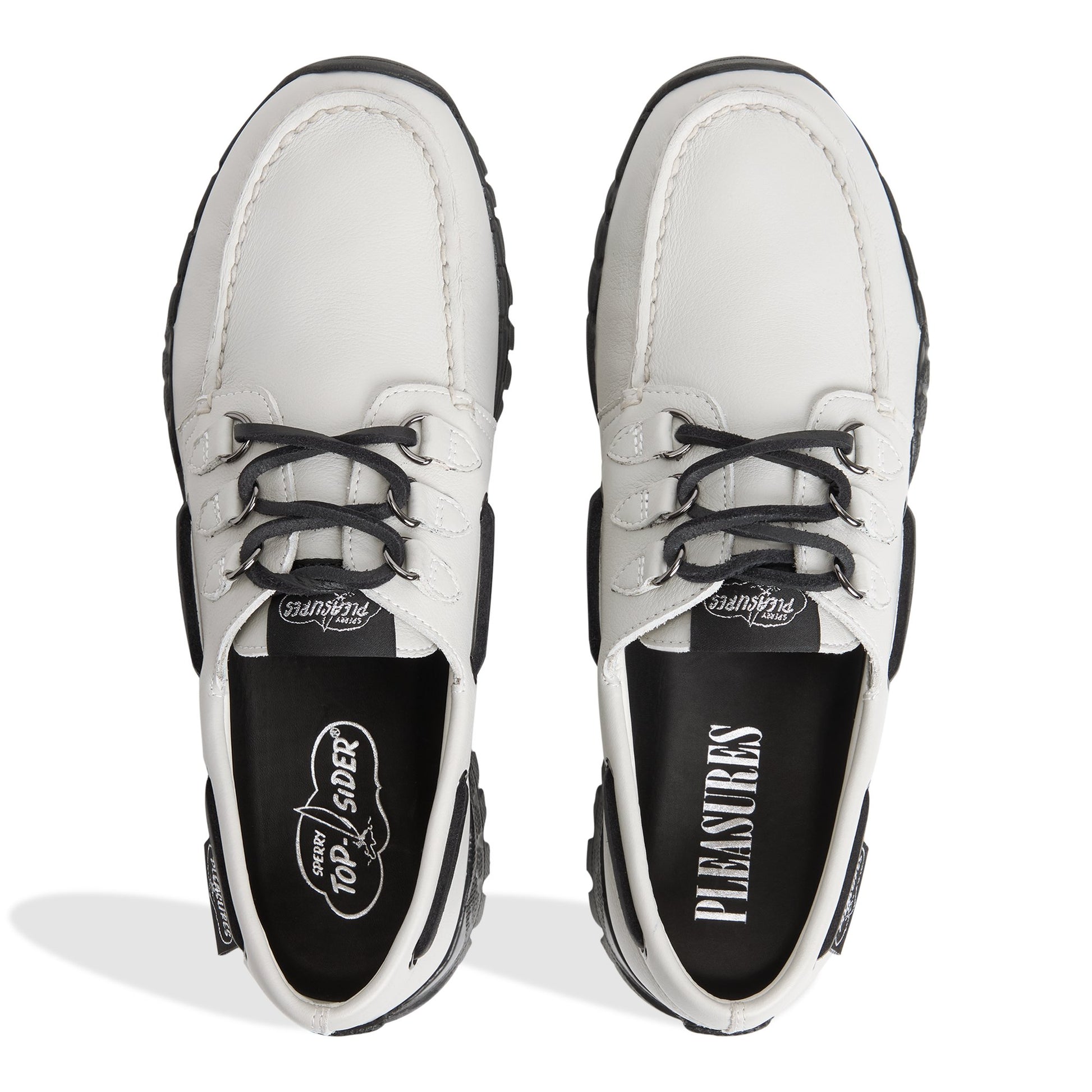 Top-down view of the Bone Sperry x Pleasures 3-Eye Vibram Hiker Boat Shoe