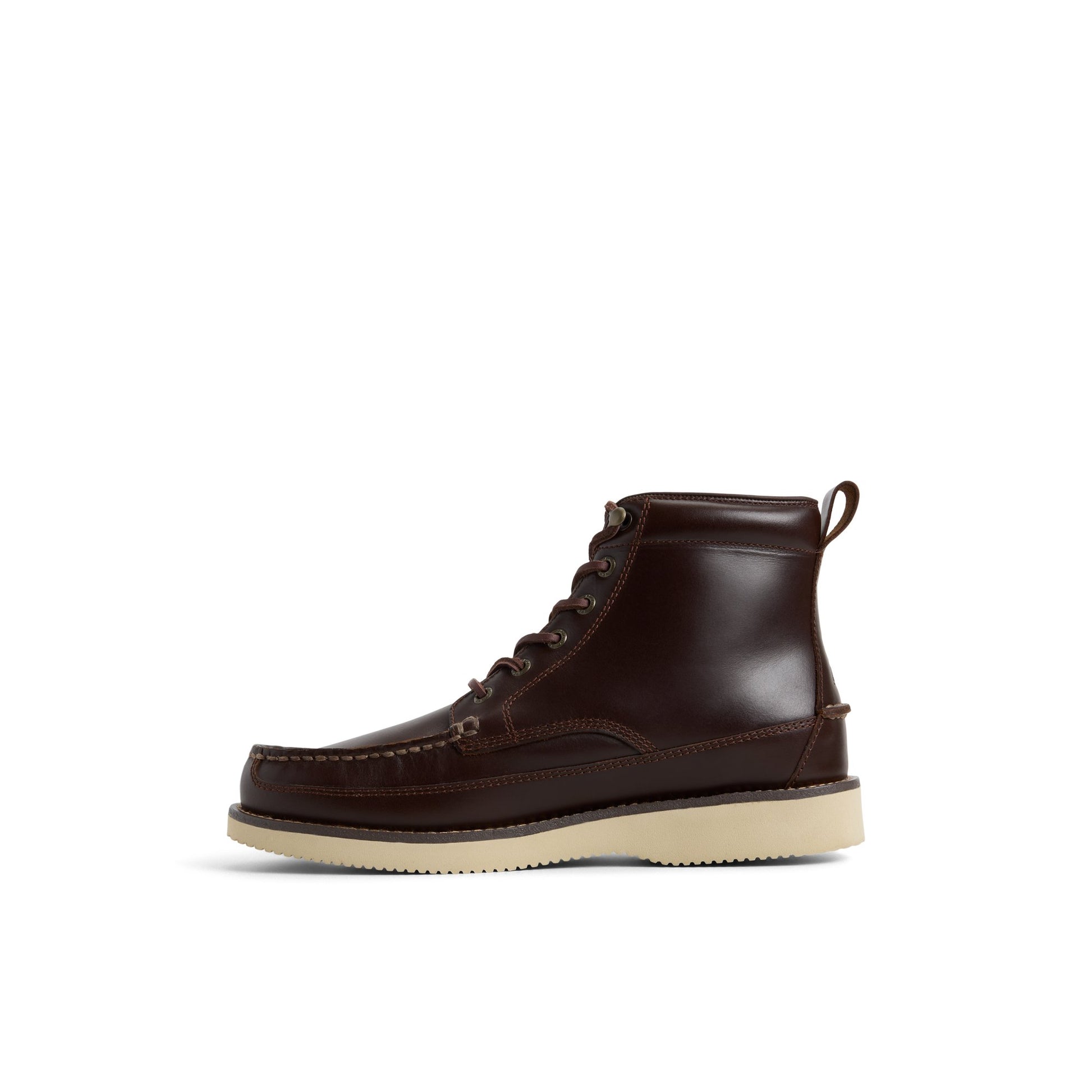 Three-quarter angle of Dark brown Sperry x One of These Days Tony Moc Boot Fall Boots's back side