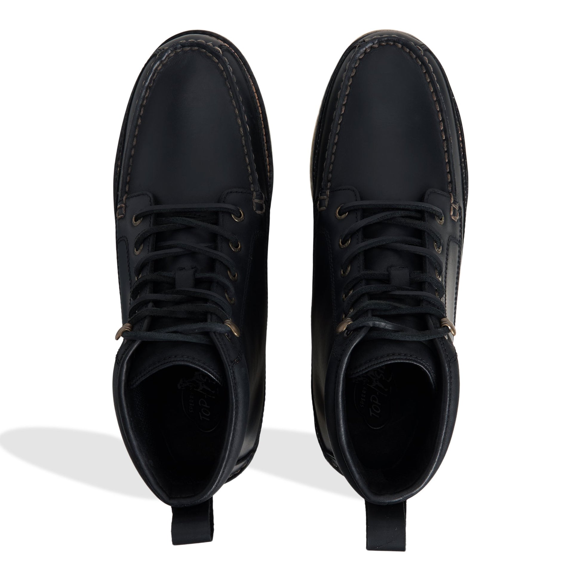 Top-down view of the Black Sperry x One of These Days Tony Moc Boot Moc Boot