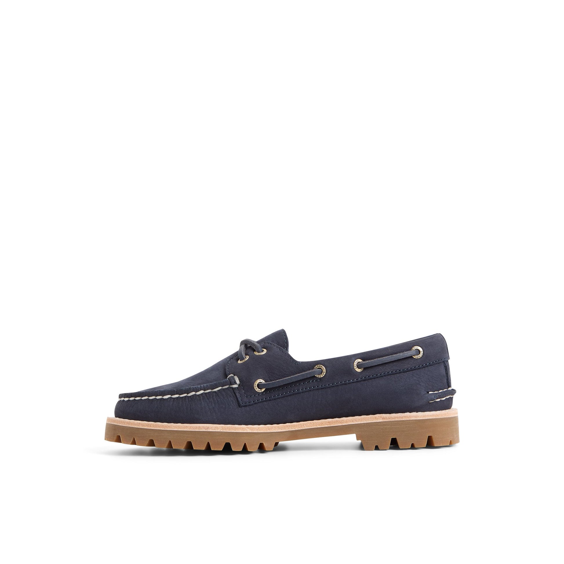 Three-quarter angle of Navy Authentic Original™ 2 Eye Low Lug Boat Shoe's back side